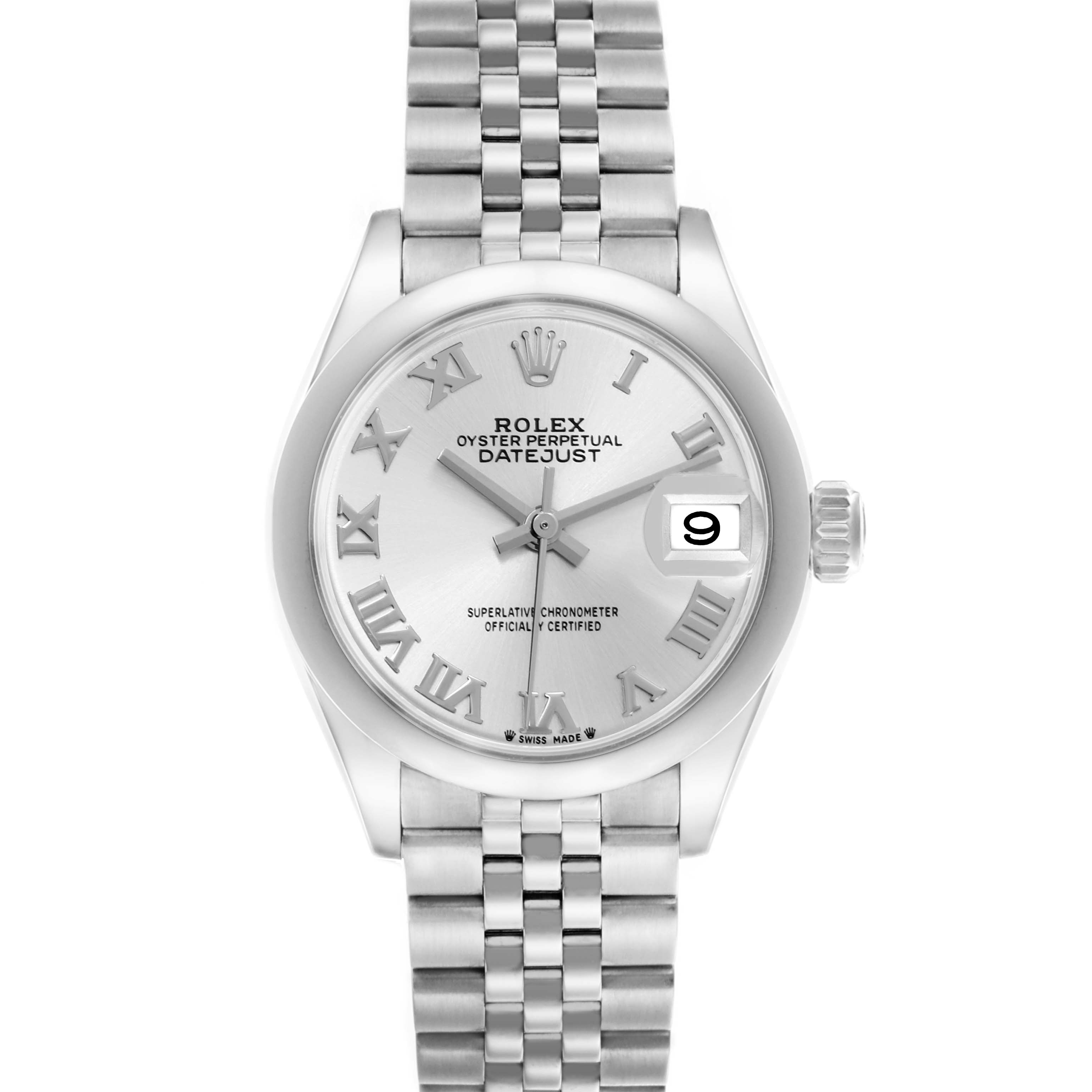 The Rolex Datejust 279160 Women's Stainless Steel Silver Dial 279160 Women's Stainless Steel Silver Dial watch is shown from a top-down angle, highlighting the dial, bezel, and bracelet.