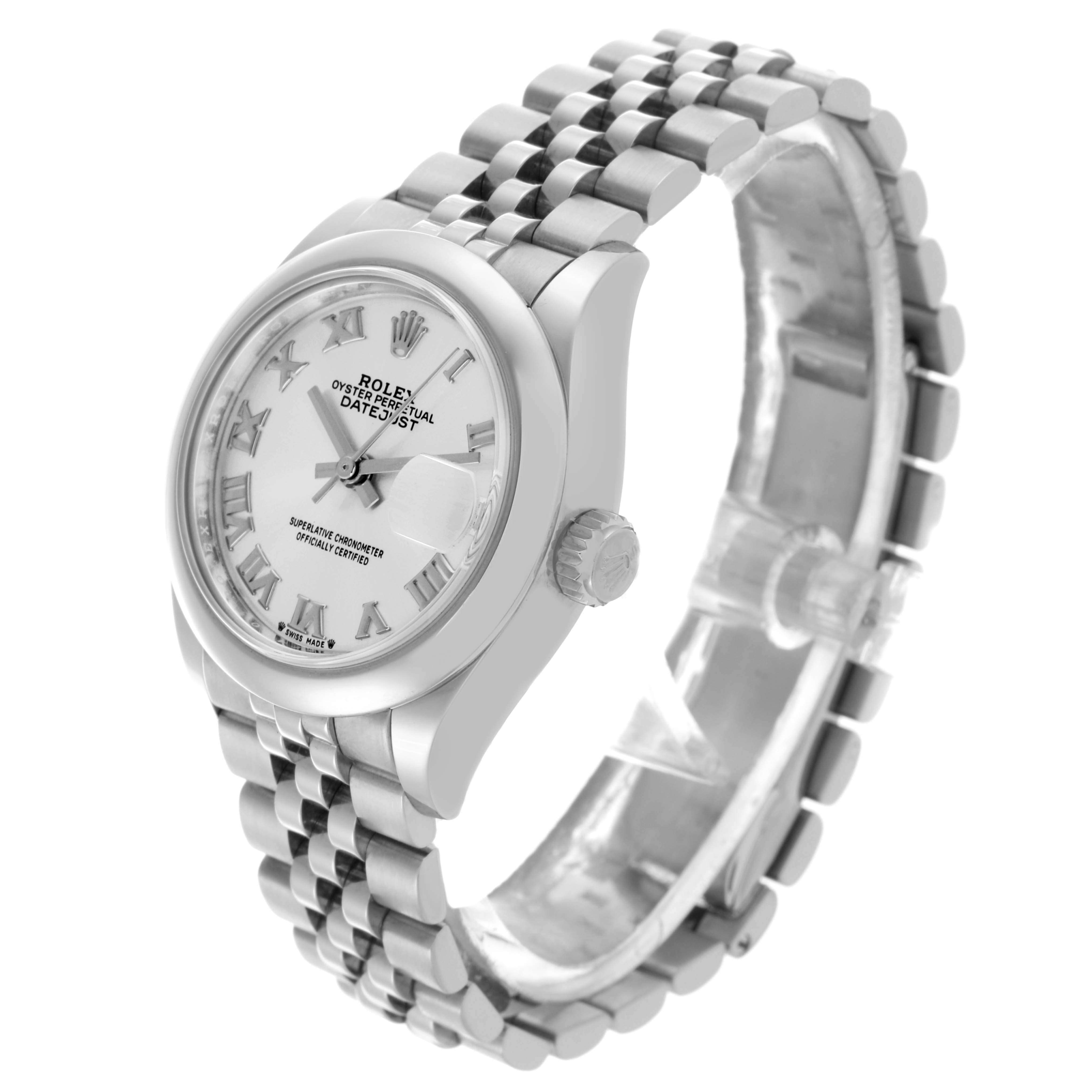 The Rolex Datejust 279160 Women's Stainless Steel Silver Dial 279160 Women's Stainless Steel Silver Dial watch is shown at a three-quarter angle, displaying the dial, bezel, crown, and bracelet vividly.