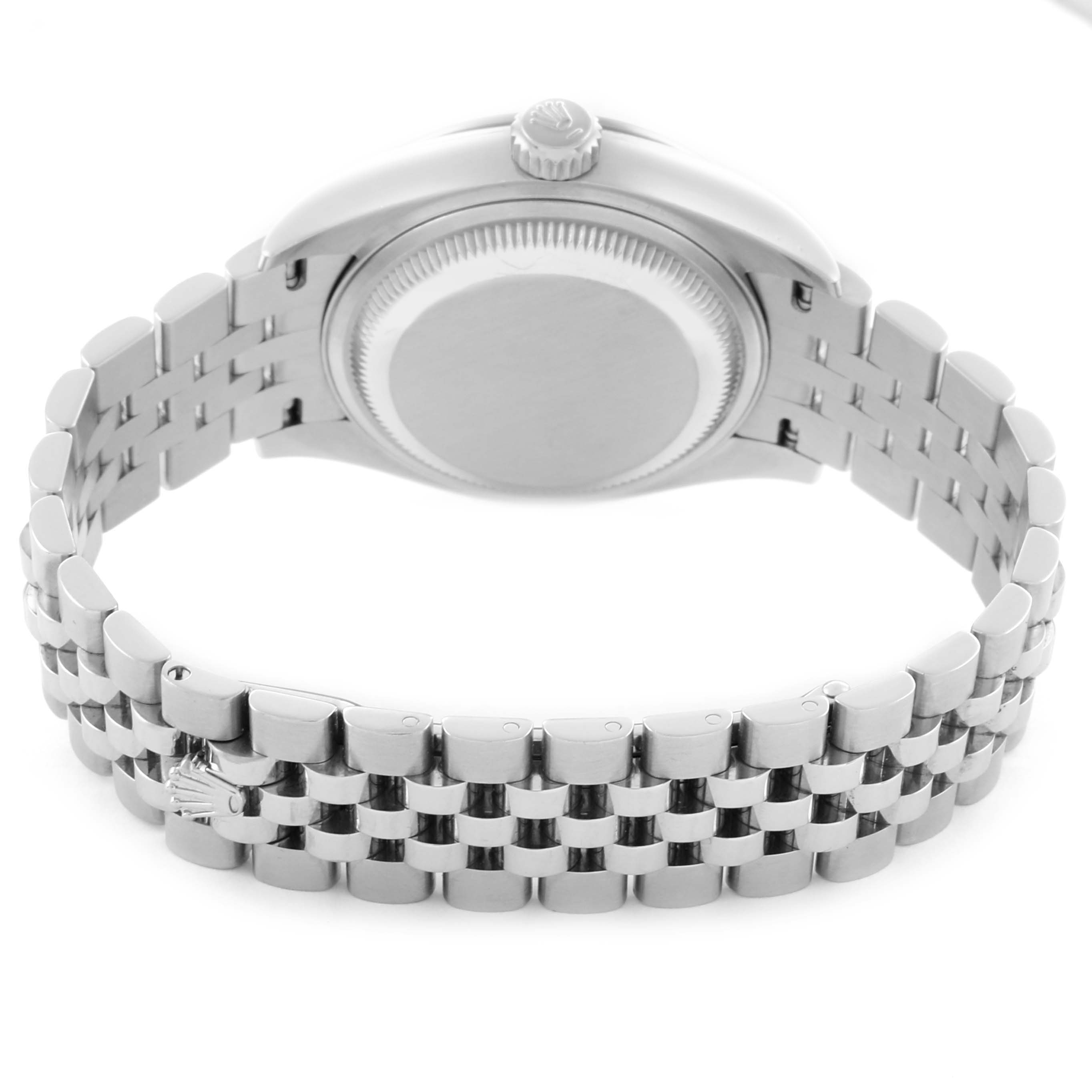 The image shows the back view of a Rolex Datejust 279160 Women's Stainless Steel Silver Dial 279160 Women's Stainless Steel Silver Dial, highlighting the bracelet, case back, and crown.