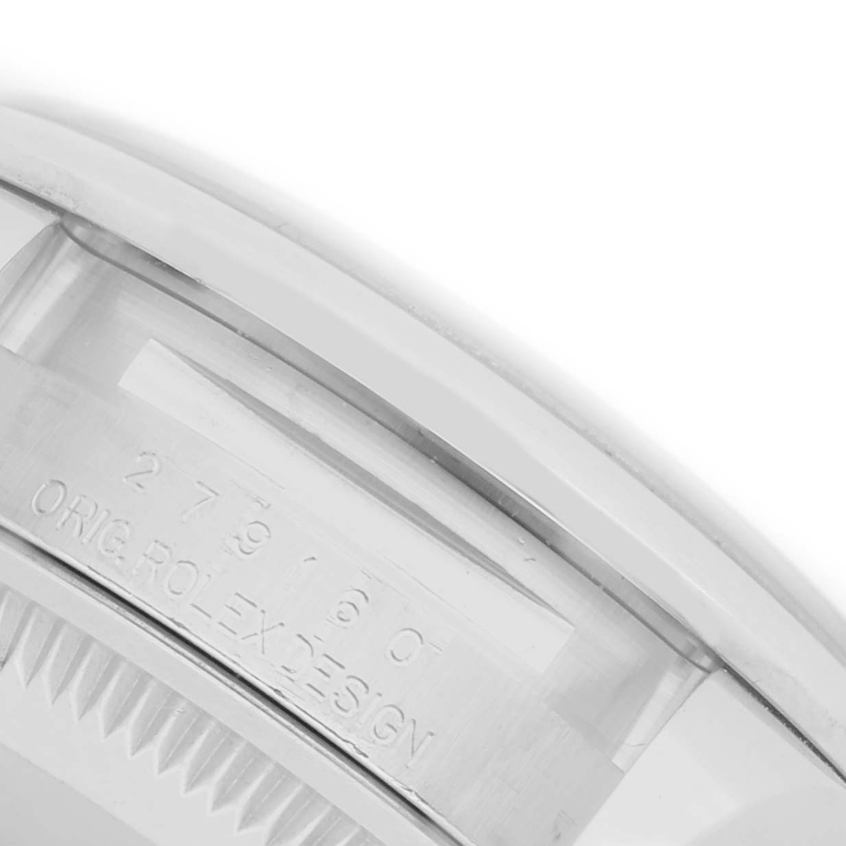 The image shows a close-up of the case side of a Rolex Datejust 279160 Women's Stainless Steel Silver Dial 279160 Women's Stainless Steel Silver Dial, displaying the model number and "ORIG ROLEX DESIGN" engraving.