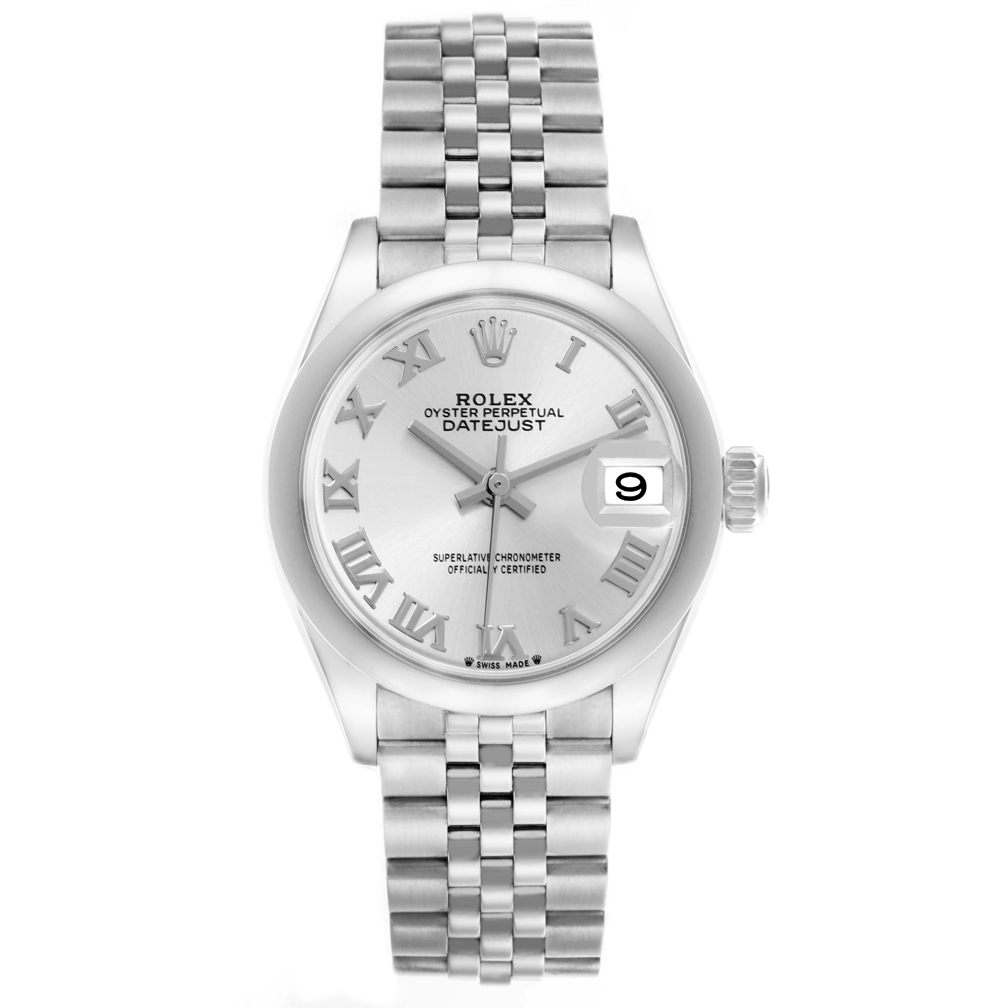 The Rolex Datejust 279160 Women's Stainless Steel Silver Dial 279160 Women's Stainless Steel Silver Dial watch is shown from a top-down angle, displaying the full face, dial, and bracelet.