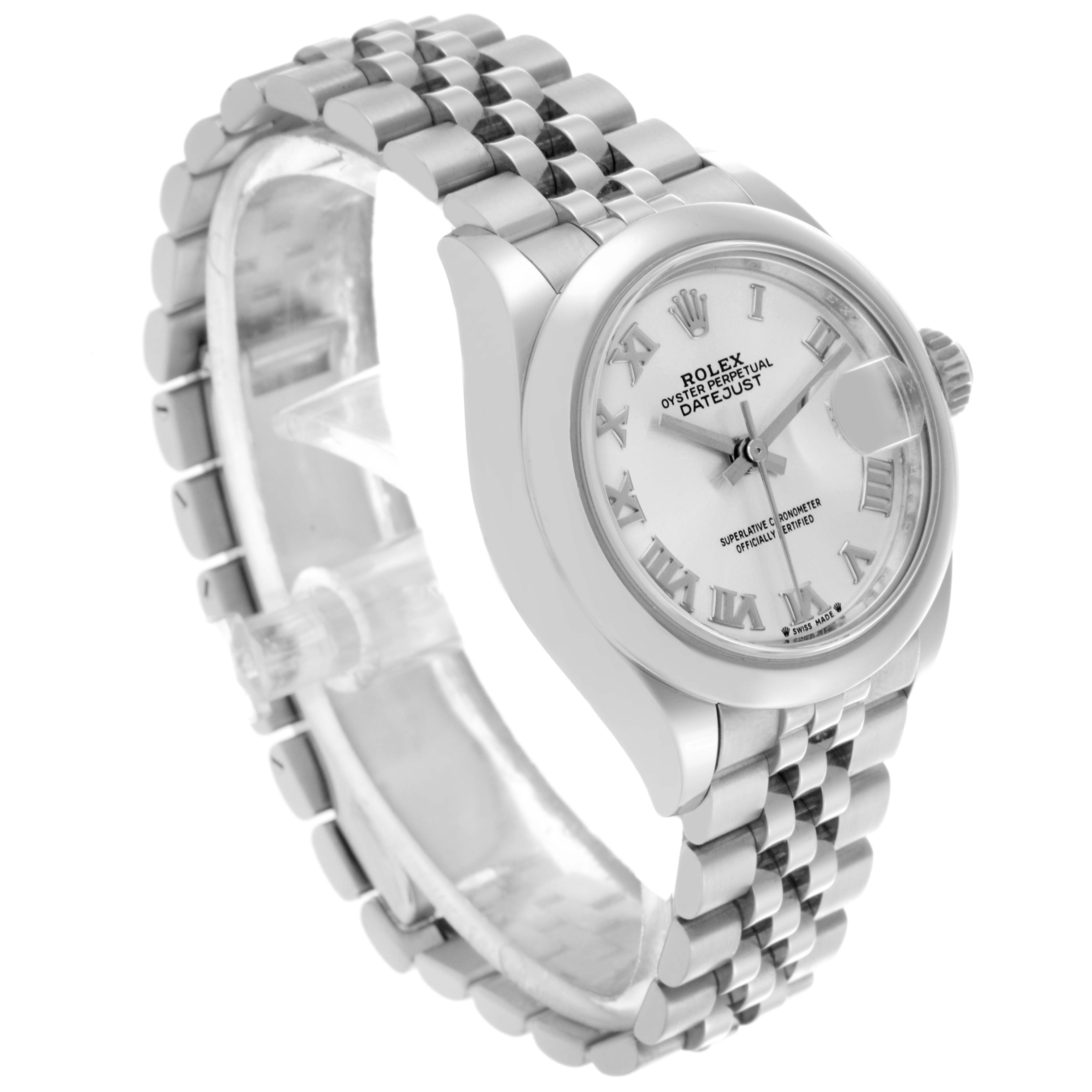 The Rolex Datejust 279160 Women's Stainless Steel Silver Dial 279160 Women's Stainless Steel Silver Dial watch is shown at a three-quarter angle, displaying the face, bezel, crown, and Jubilee bracelet.