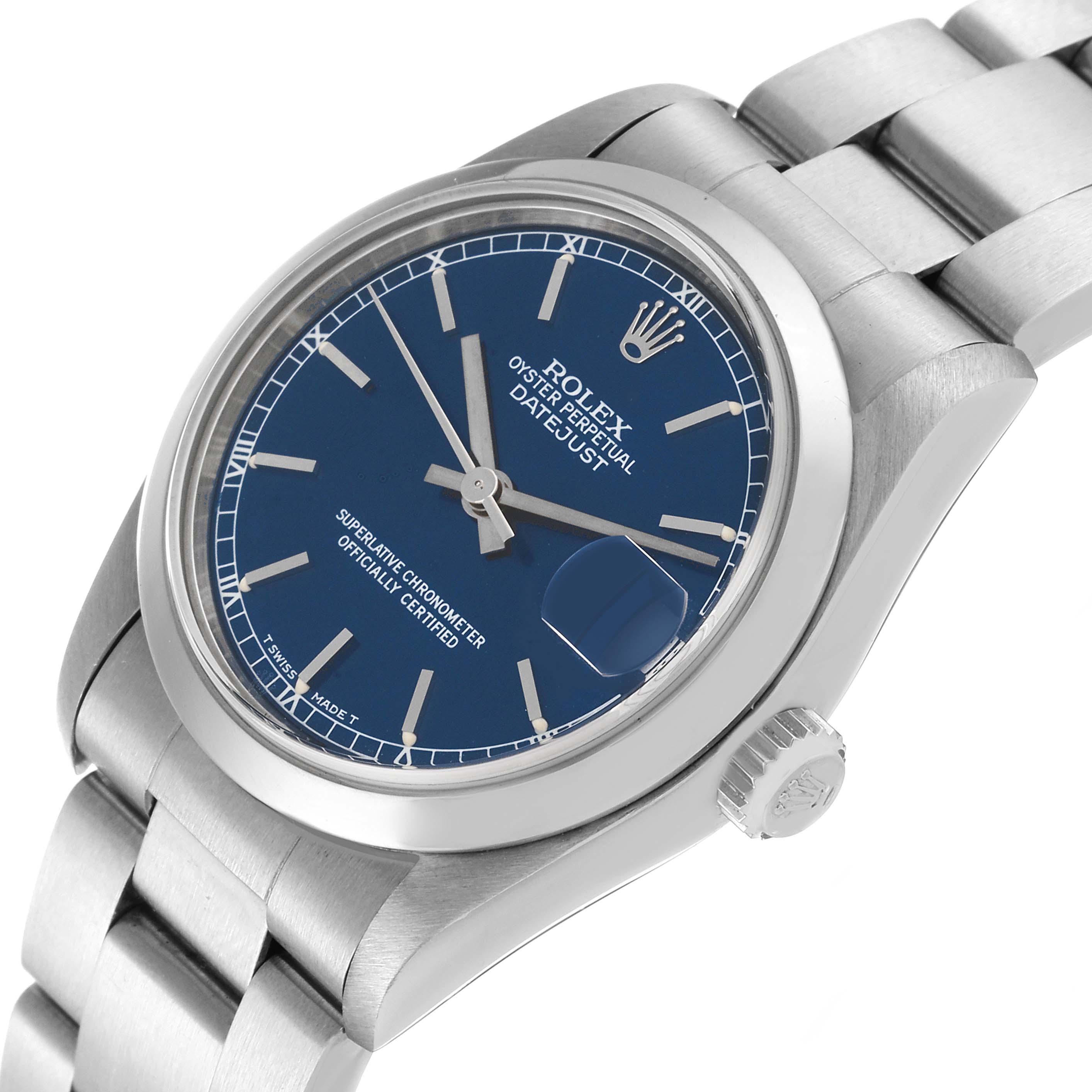 The image shows a Rolex Mid-Size 78240 Women's Stainless Steel Blue Dial 78240 Women's Stainless Steel Blue Dial Datejust watch at a slight angle, highlighting the blue face, crown, and part of the bracelet.