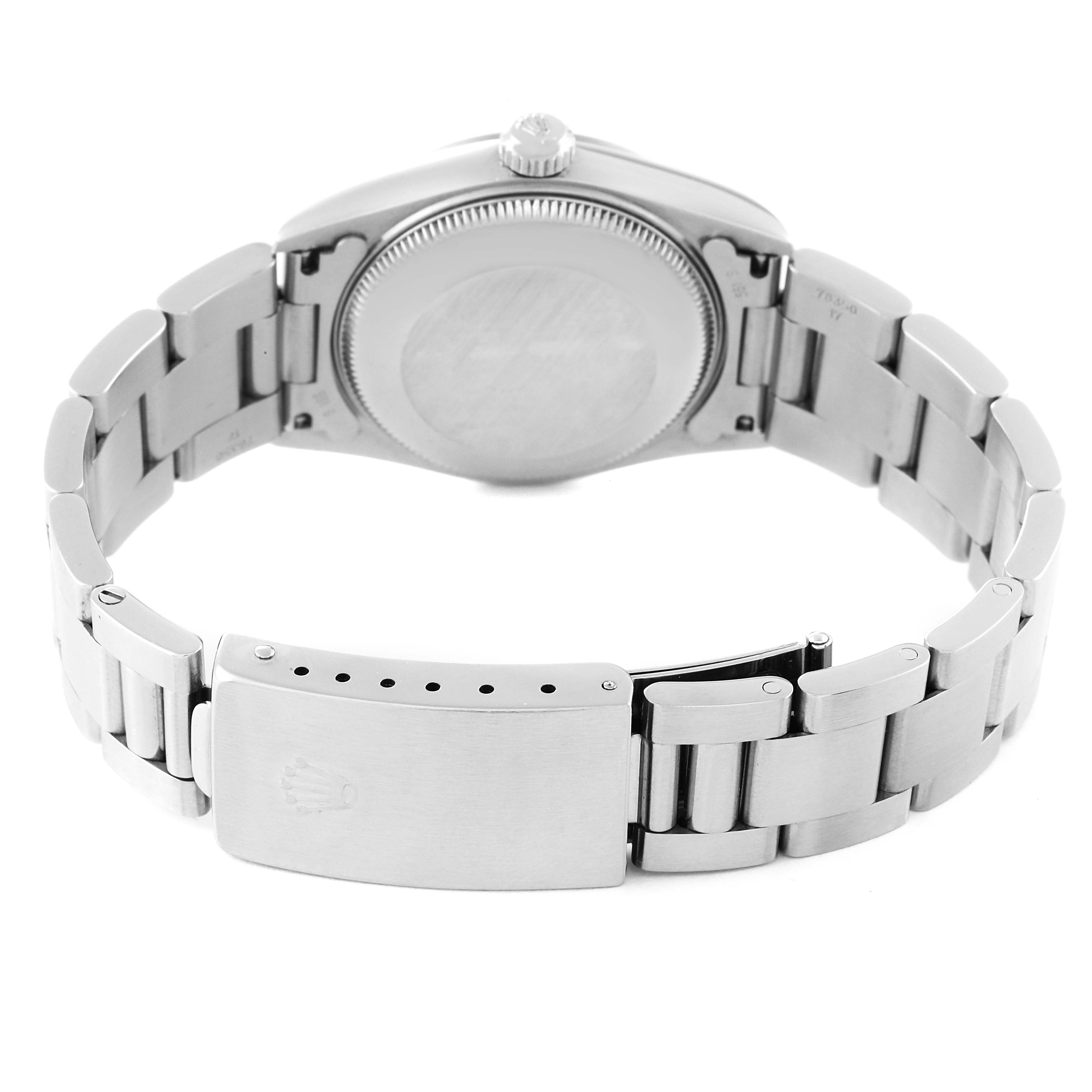 This image shows the back case and bracelet of the Mid-Size Rolex watch from a rear angle.