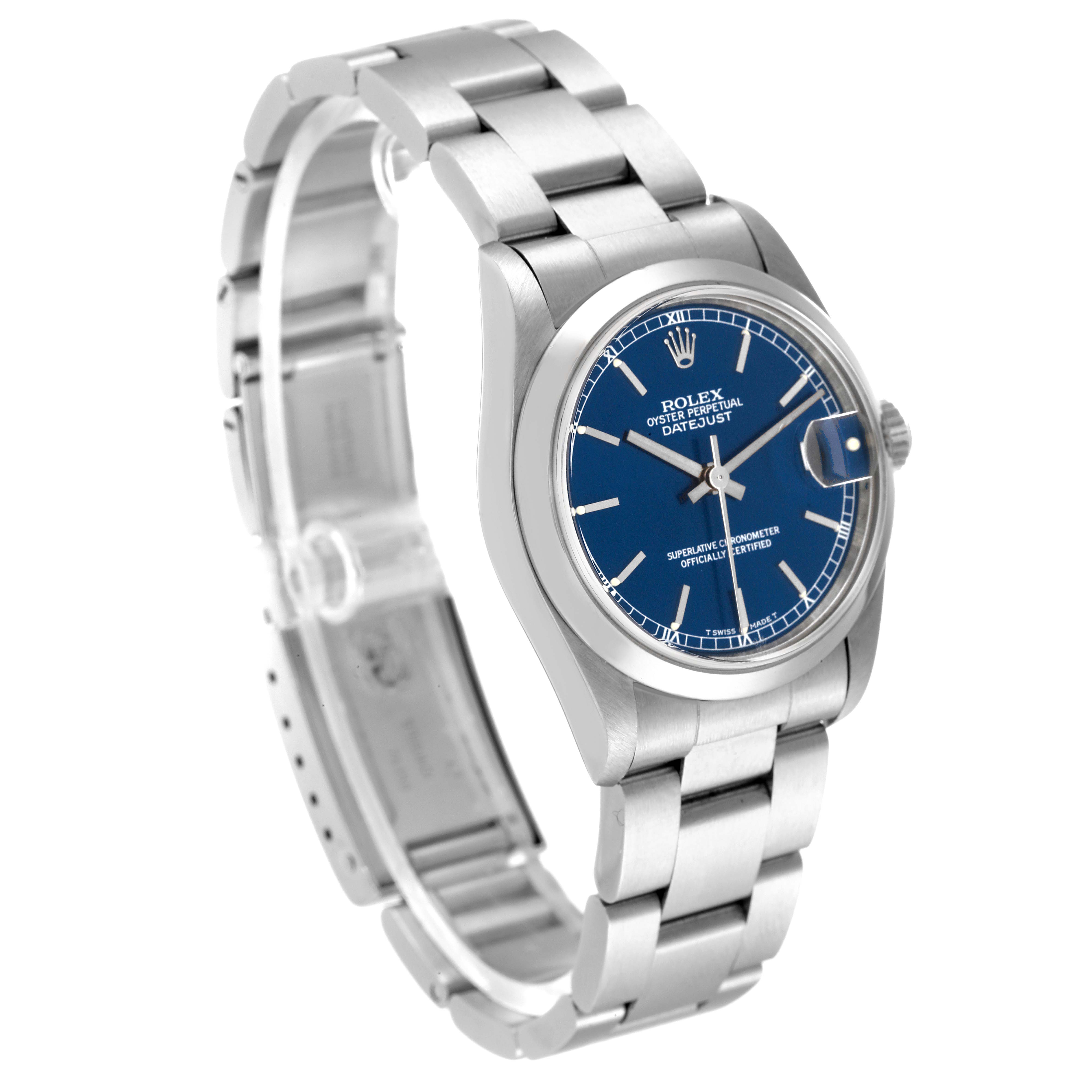 The Rolex Mid-Size 78240 Women's Stainless Steel Blue Dial 78240 Women's Stainless Steel Blue Dial Datejust is shown at a 3/4 angle, highlighting the blue dial, stainless steel case, and oyster bracelet.