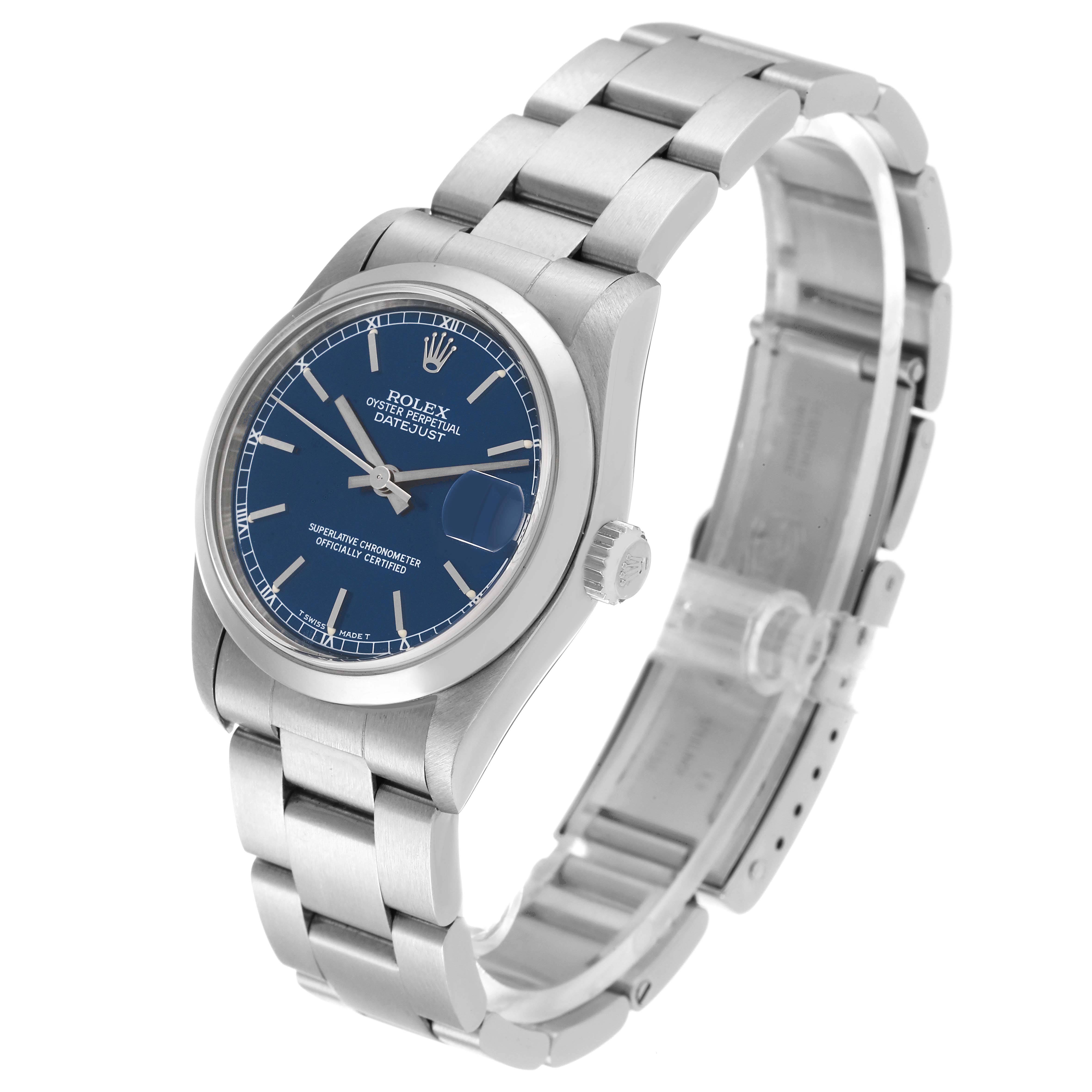 The Rolex Mid-Size 78240 Women's Stainless Steel Blue Dial 78240 Women's Stainless Steel Blue Dial watch is shown at a three-quarter angle, displaying the dial, crown, and bracelet clearly.