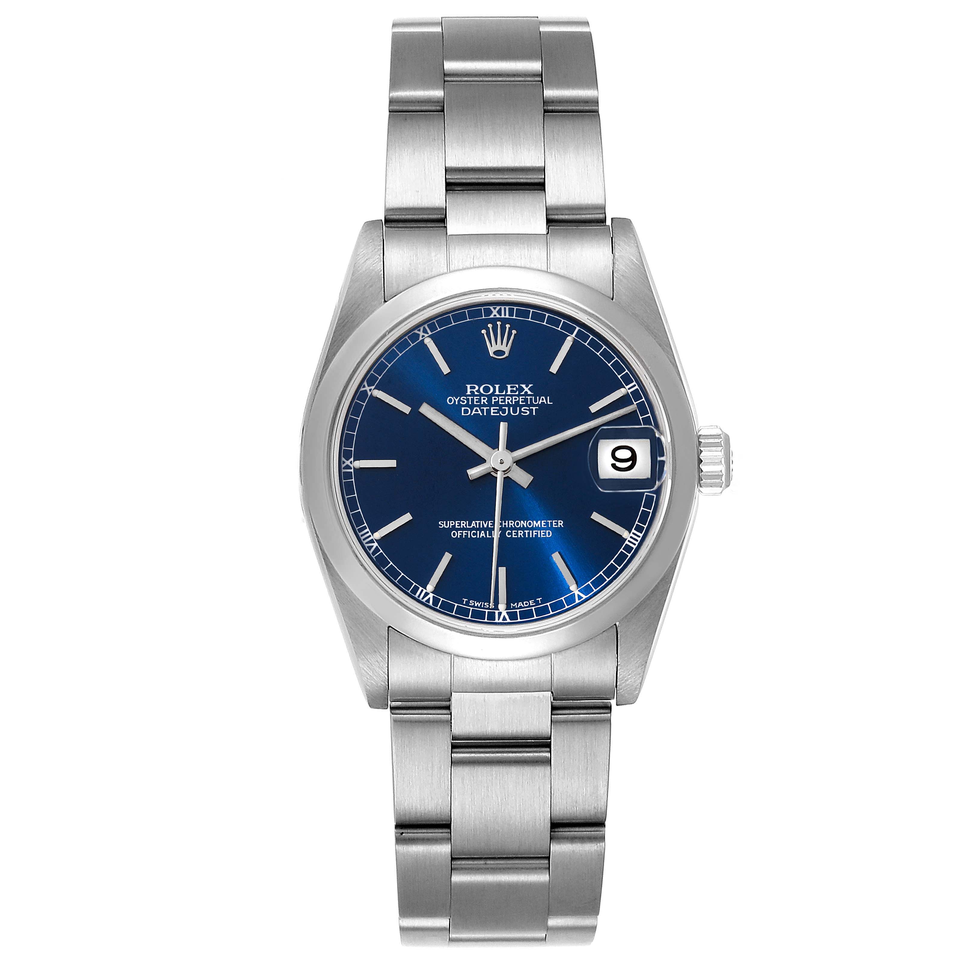 The image shows a front view of a Rolex Oyster Perpetual Datejust Mid-Size watch, including the face, bracelet, and crown.