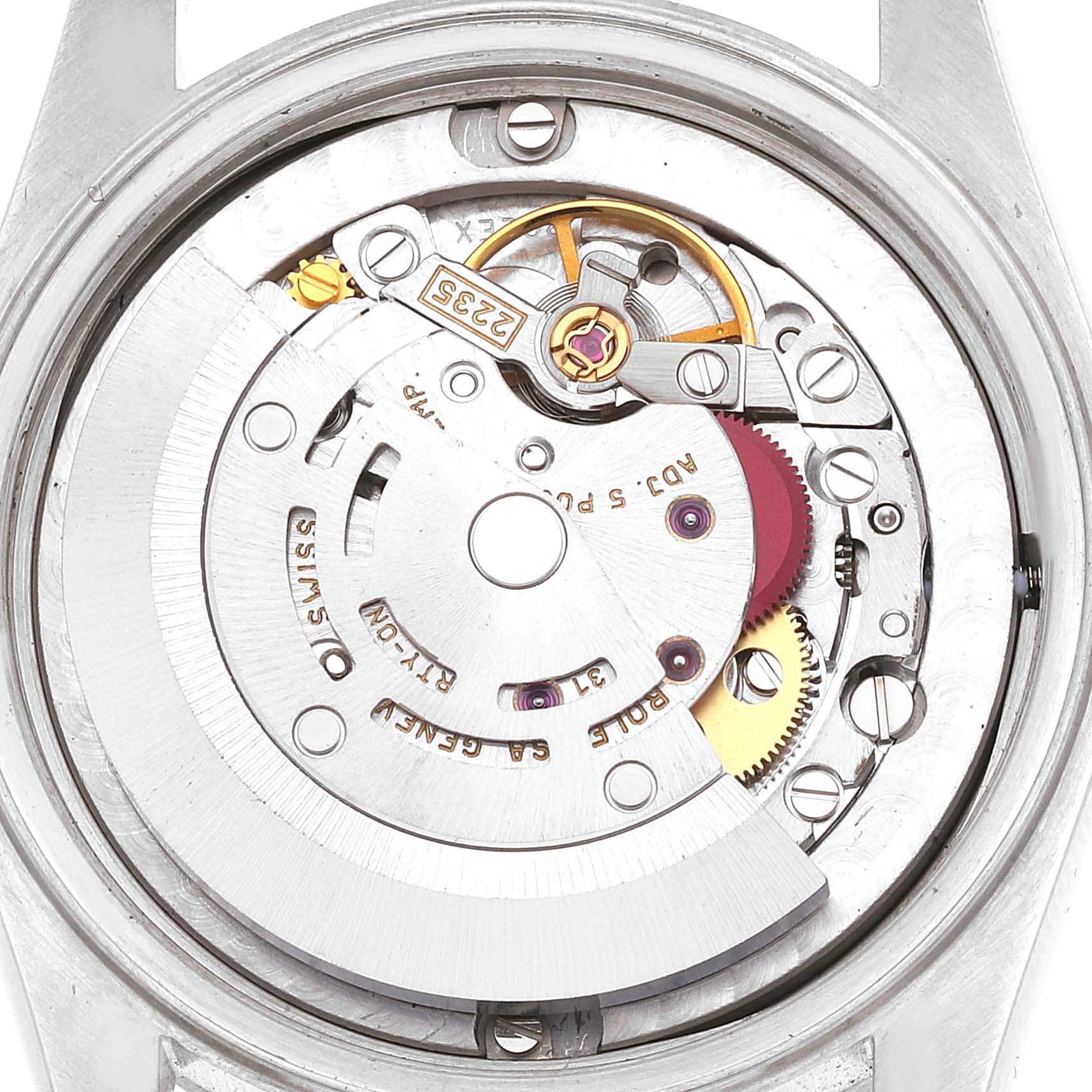 The image shows the internal mechanical movement of a Rolex Mid-Size 78240 Women's Stainless Steel Blue Dial 78240 Women's Stainless Steel Blue Dial model watch, viewed from the back case angle.