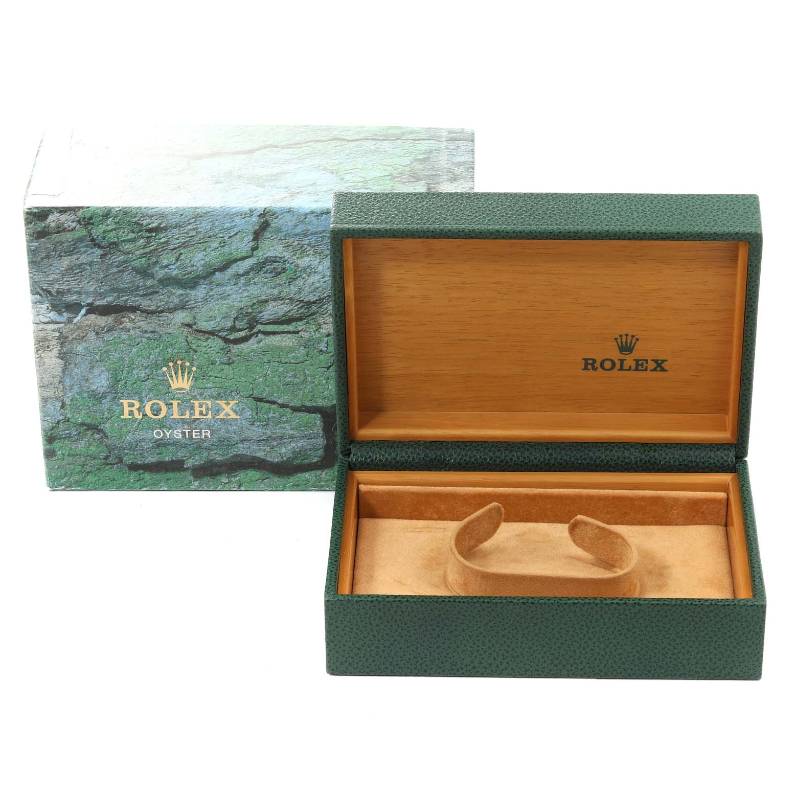 The image shows an open Rolex box for a Mid-Size model, with the outer packaging also visible.