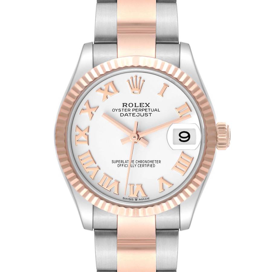 The Rolex Oyster Perpetual Datejust Mid-Size watch is shown from the front, highlighting the dial, bezel, and part of the bracelet.