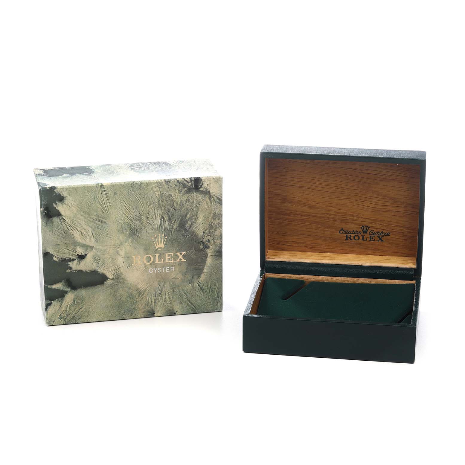 The image shows a Rolex Datejust 16233 Men's Stainless Steel Blue Dial box and packaging, featuring the open watch box and a separate outer cover.