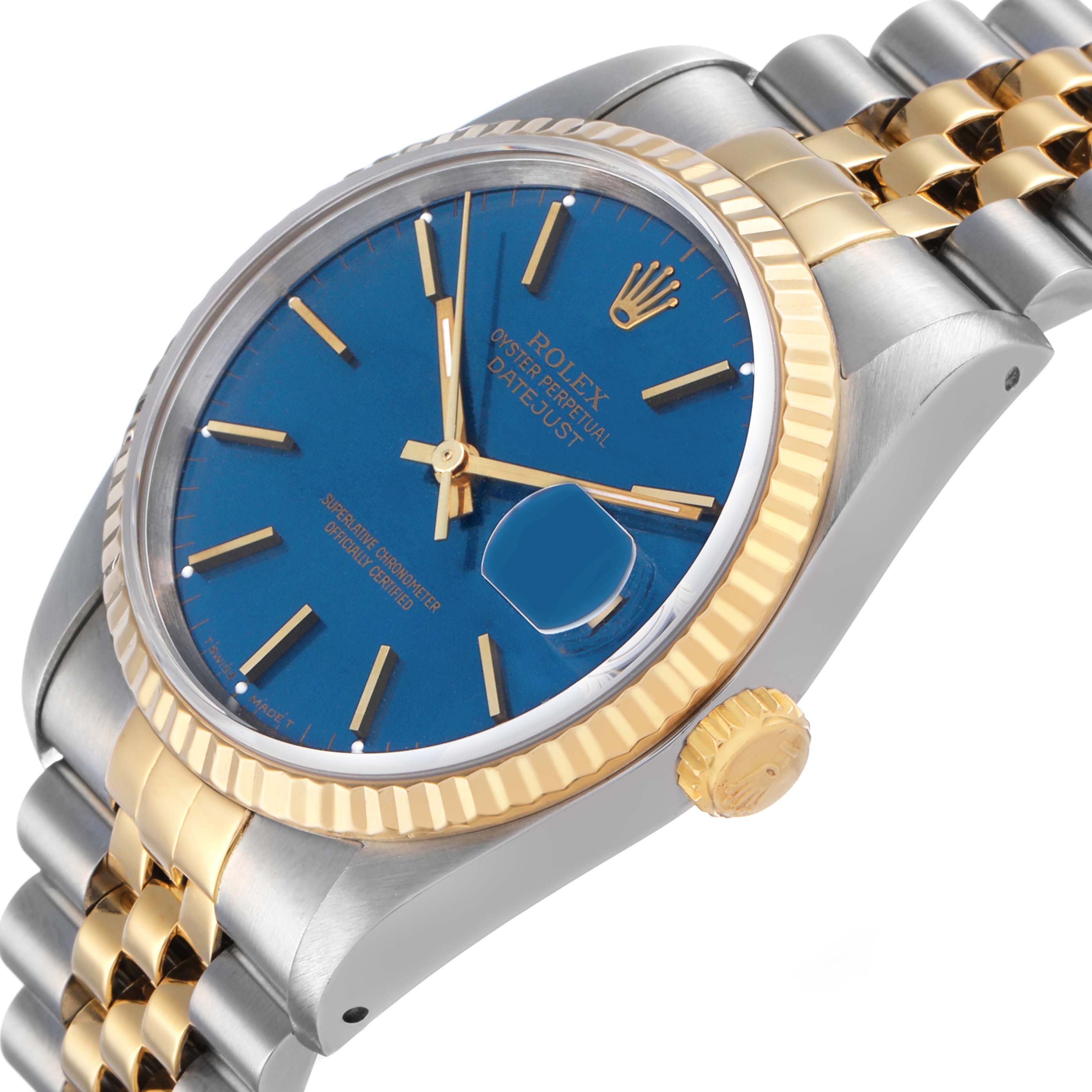 The Rolex Datejust 16233 Men's Stainless Steel Blue Dial watch is shown at a side angle, highlighting the blue dial, fluted bezel, crown, and two-tone bracelet.
