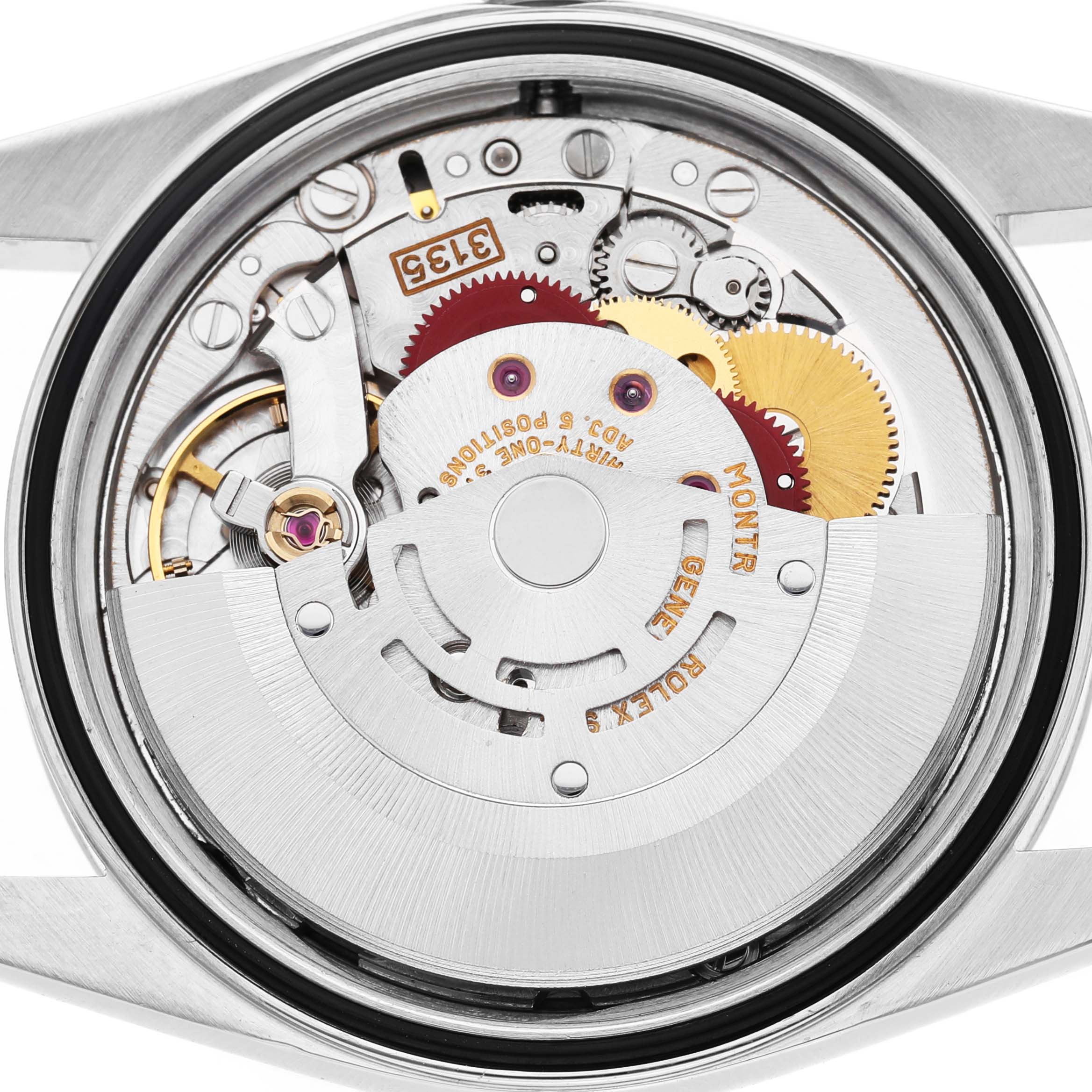 The image shows the internal movement mechanism of a Rolex Datejust 16233 Men's Stainless Steel Blue Dial watch from a top-down angle.