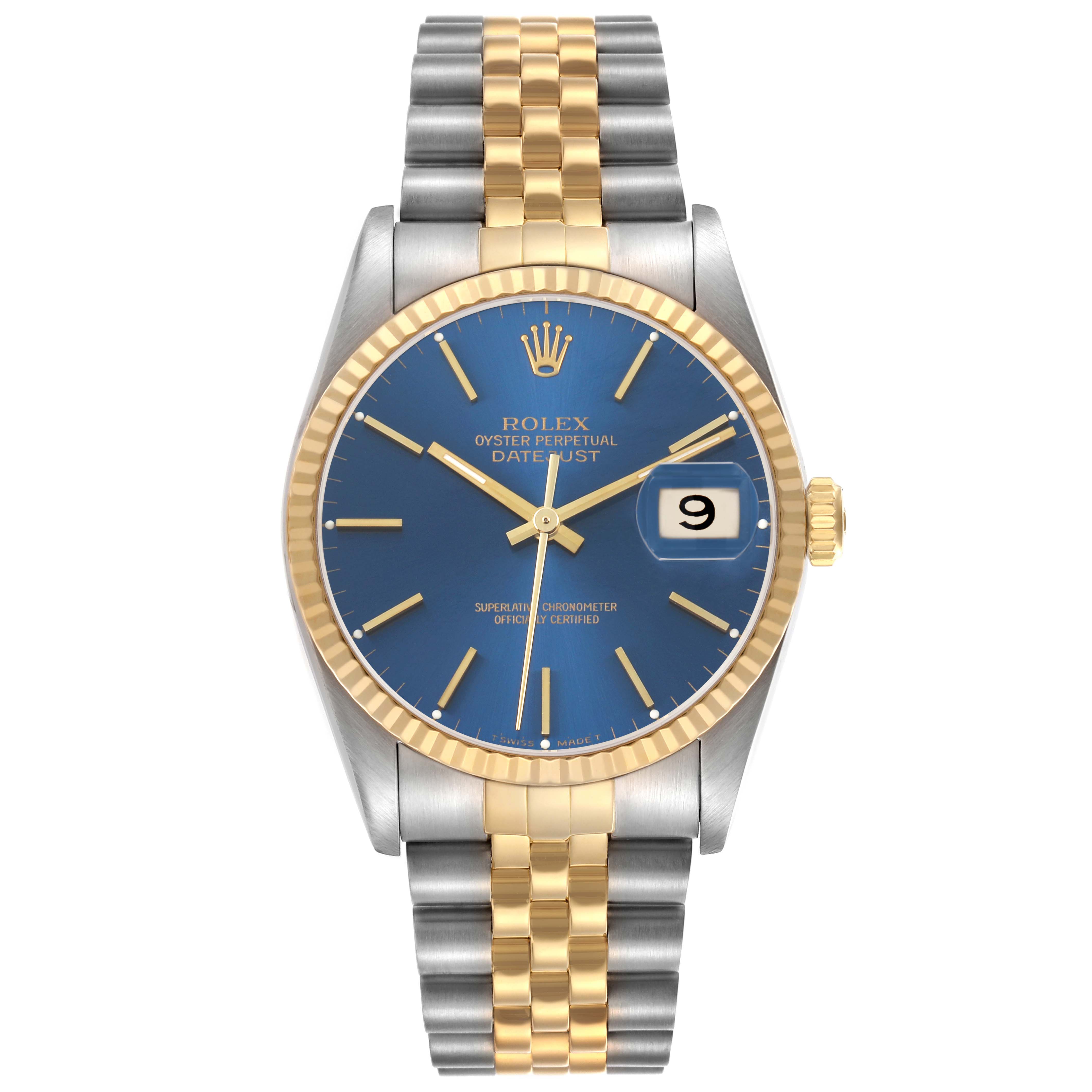 The Rolex Datejust 16233 Men's Stainless Steel Blue Dial watch is shown from the front, highlighting its blue dial, fluted bezel, and two-tone bracelet.