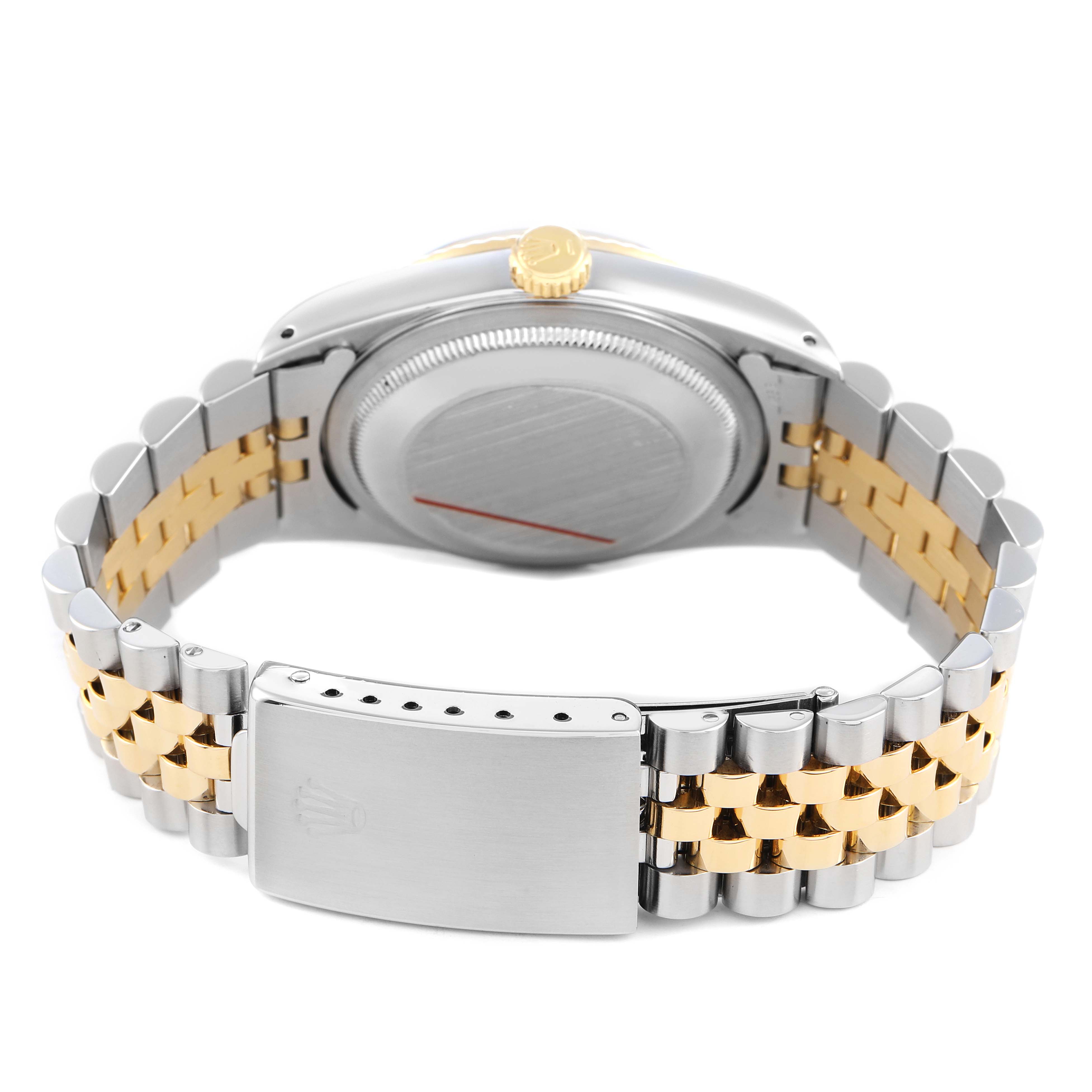 The image shows the back of a Rolex Datejust 16233 Men's Stainless Steel Blue Dial watch, featuring the case back, bracelet, clasp, and crown.