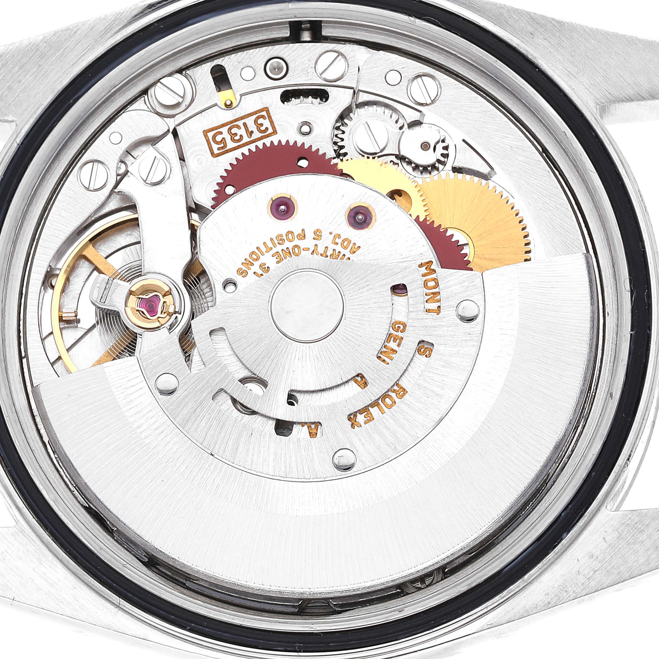 This image shows the movement mechanism of the Rolex Datejust 16234 Men's Stainless Steel Silver Dial 16234 Men's Stainless Steel Silver Dial watch viewed from the back.