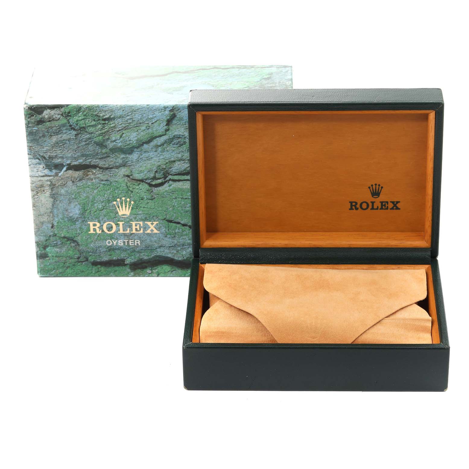 The image shows a Rolex Datejust 16234 Men's Stainless Steel Silver Dial 16234 Men's Stainless Steel Silver Dial watch box and cover, with the box open to reveal a suede watch cushion.