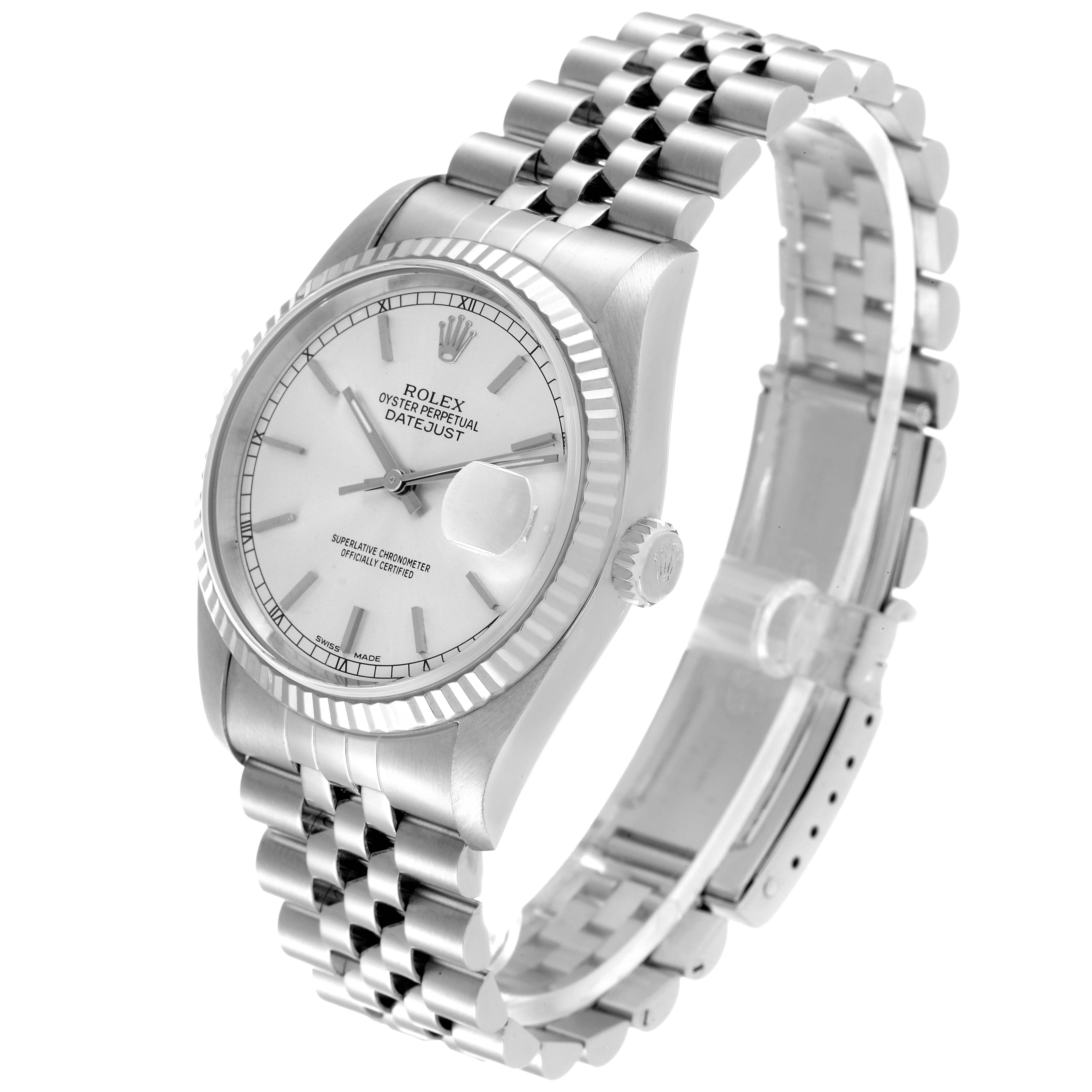 This Rolex Datejust 16234 Men's Stainless Steel Silver Dial 16234 Men's Stainless Steel Silver Dial watch is shown at an angled side view, displaying its face, bezel, crown, and bracelet.