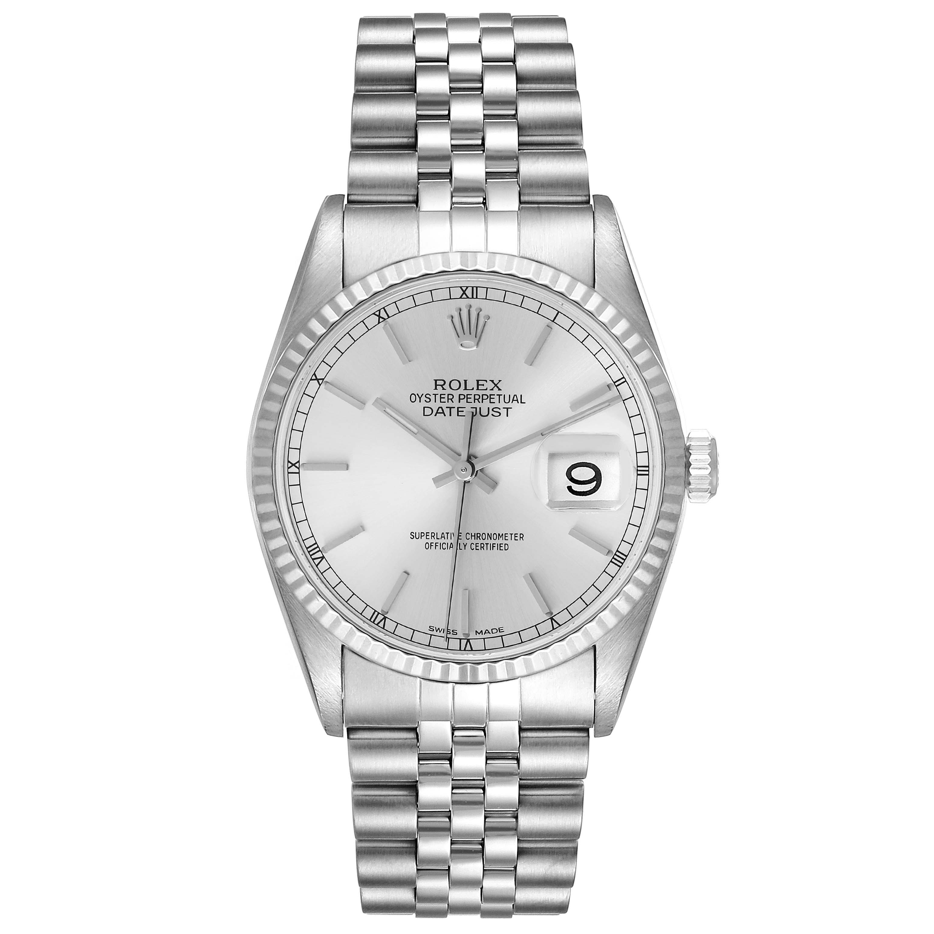 This image shows a front view of a Rolex Datejust 16234 Men's Stainless Steel Silver Dial 16234 Men's Stainless Steel Silver Dial watch, highlighting its silver dial, fluted bezel, and Jubilee bracelet.