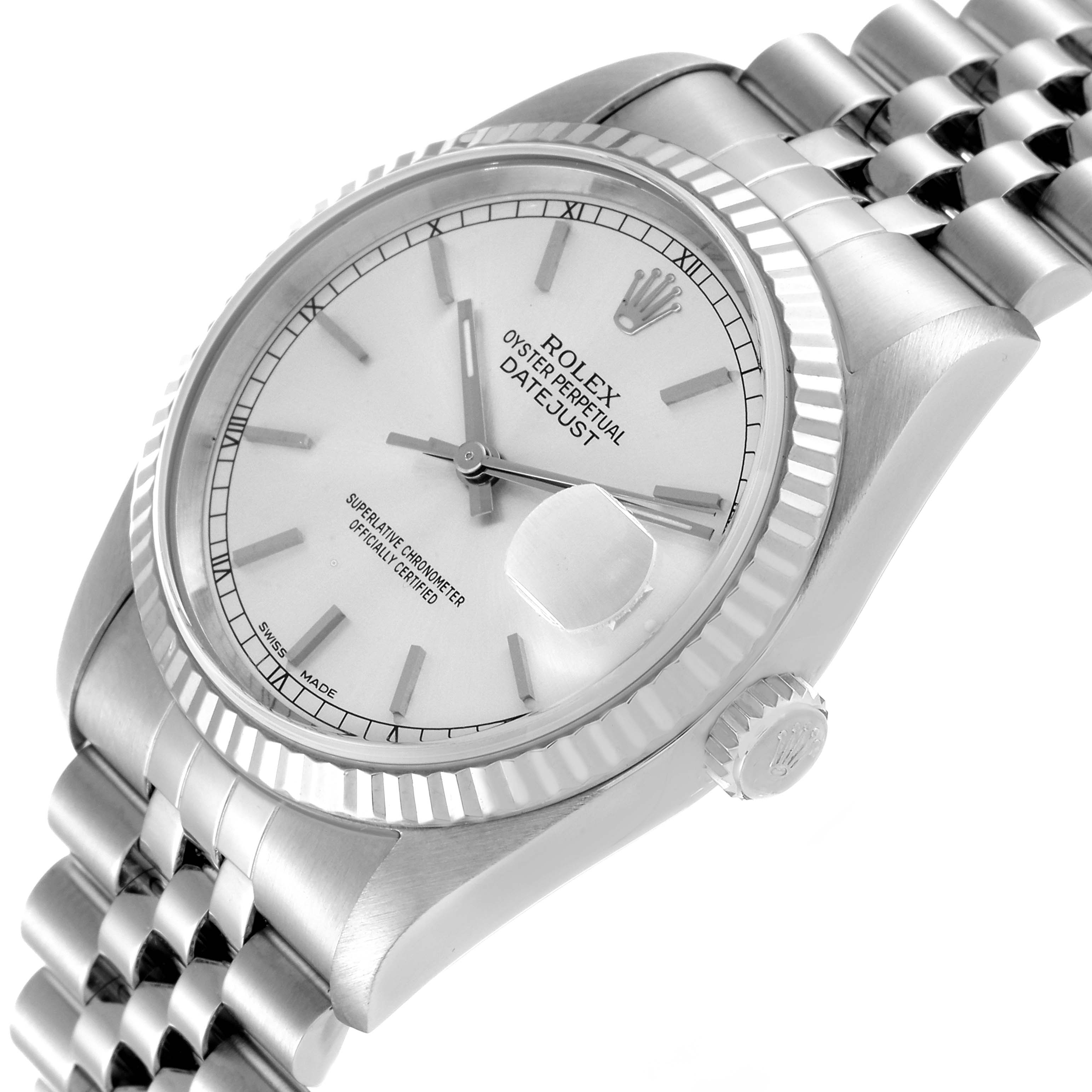 The Rolex Datejust 16234 Men's Stainless Steel Silver Dial 16234 Men's Stainless Steel Silver Dial watch is shown in a slightly angled side view, highlighting the face, bezel, crown, and part of the bracelet.