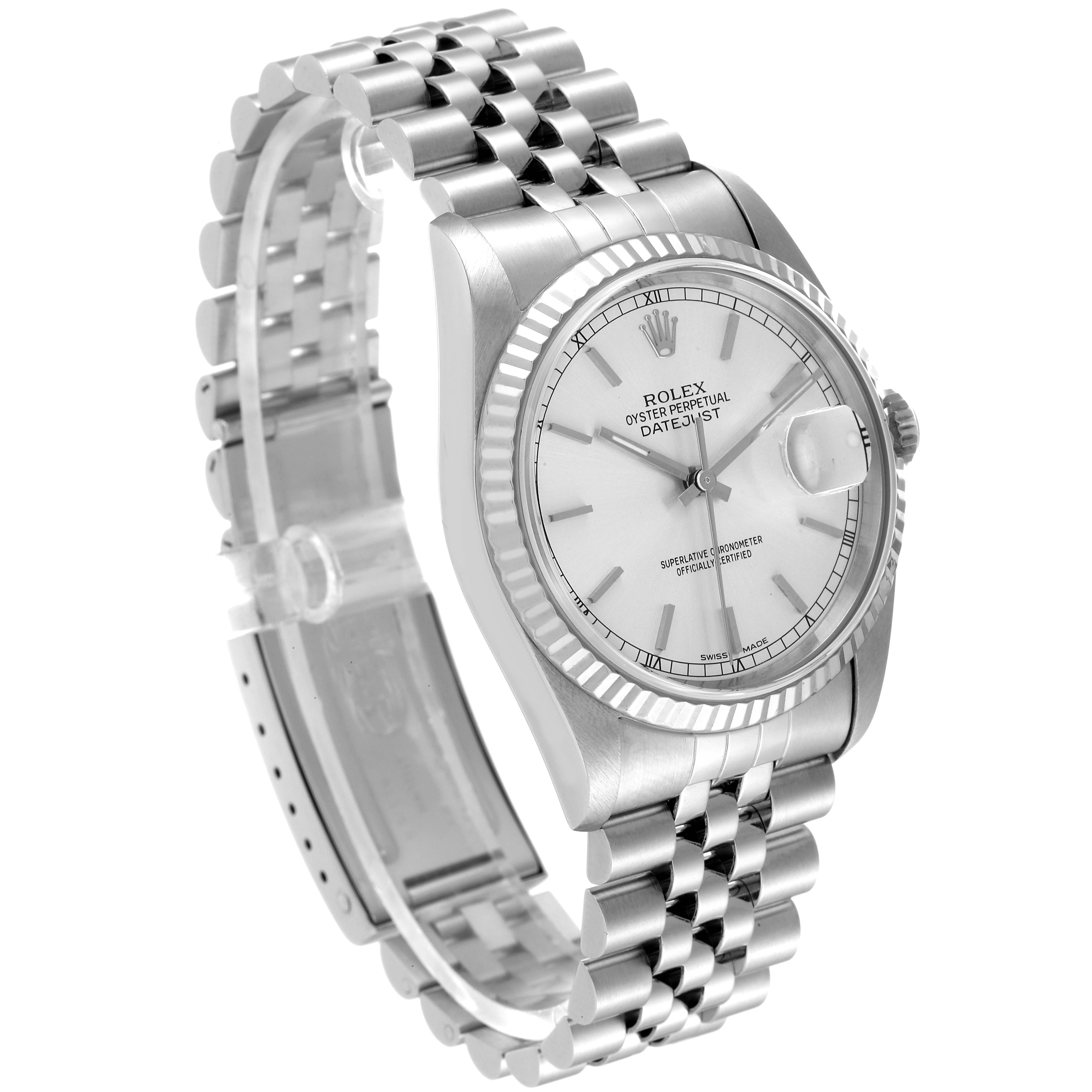 The Rolex Datejust 16234 Men's Stainless Steel Silver Dial 16234 Men's Stainless Steel Silver Dial watch is shown from an angled perspective, highlighting the dial, bezel, and jubilee bracelet.