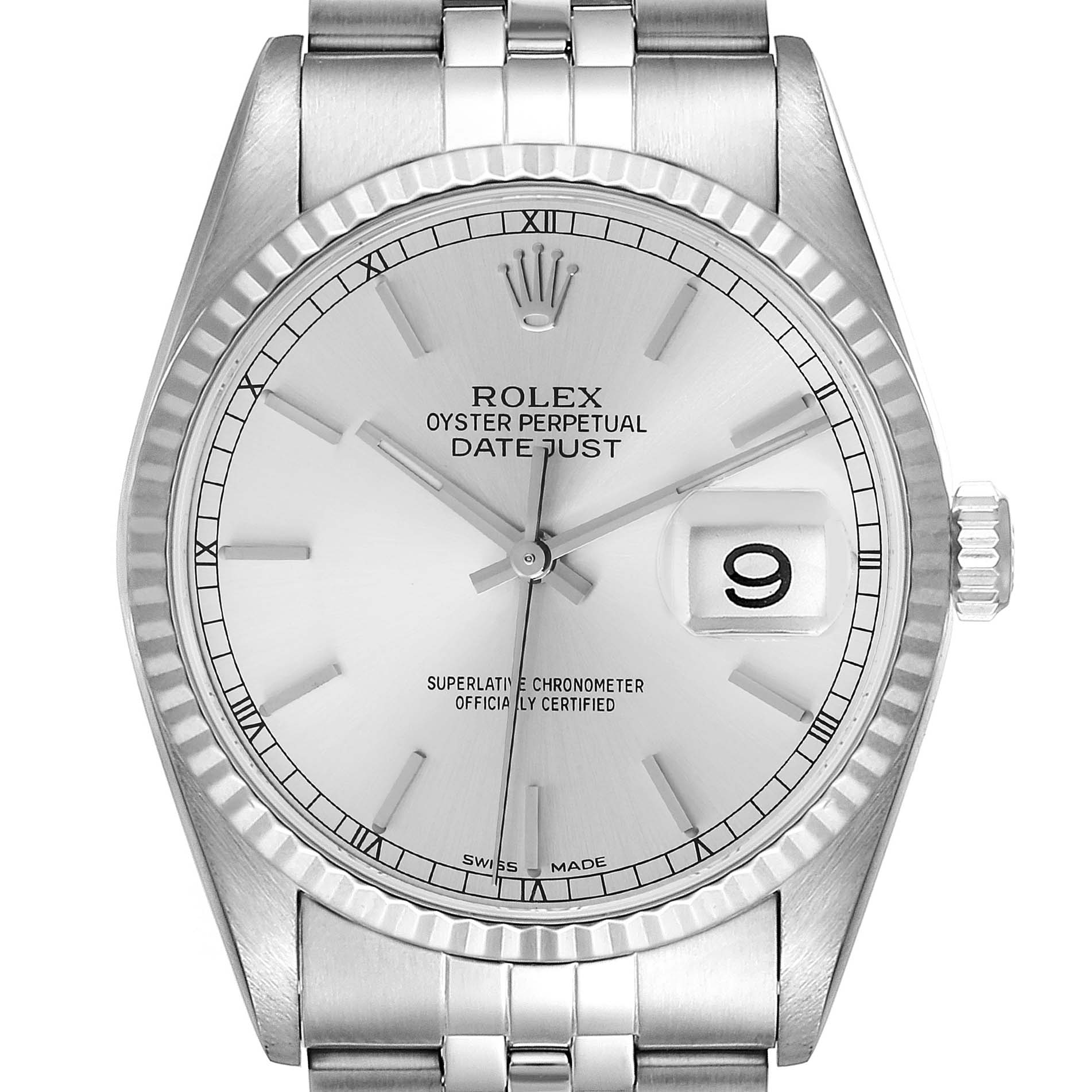 The image shows the front view of a Rolex Datejust 16234 Men's Stainless Steel Silver Dial 16234 Men's Stainless Steel Silver Dial watch, highlighting the face, bezel, crown, and part of the bracelet.