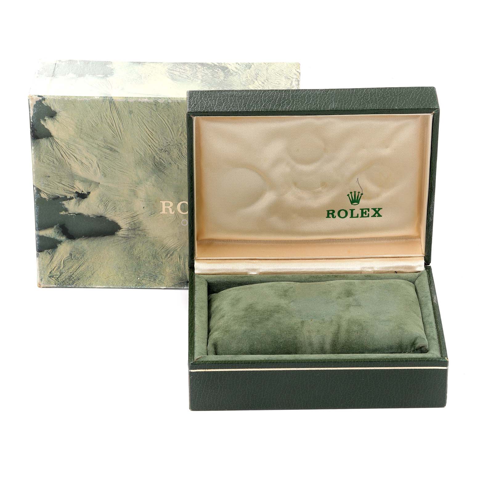 This image shows the open green box and packaging for the Rolex Vintage Collection 16013 Men's Steel and Gold (two tone) Champagne Dial 16013 Men's Steel and Gold (two tone) Champagne Dial model.