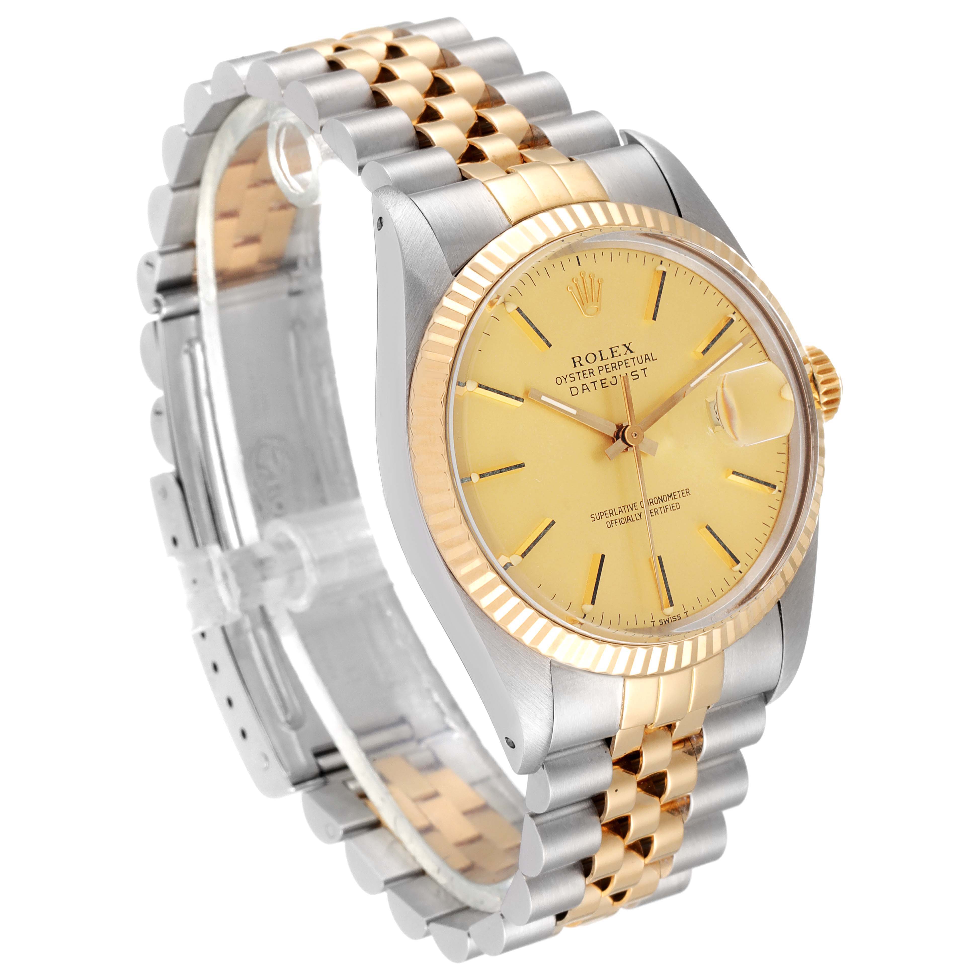 The image shows a side angle of a Rolex Vintage Collection 16013 Men's Steel and Gold (two tone) Champagne Dial 16013 Men's Steel and Gold (two tone) Champagne Dial model, highlighting its face, bezel, and two-tone bracelet.