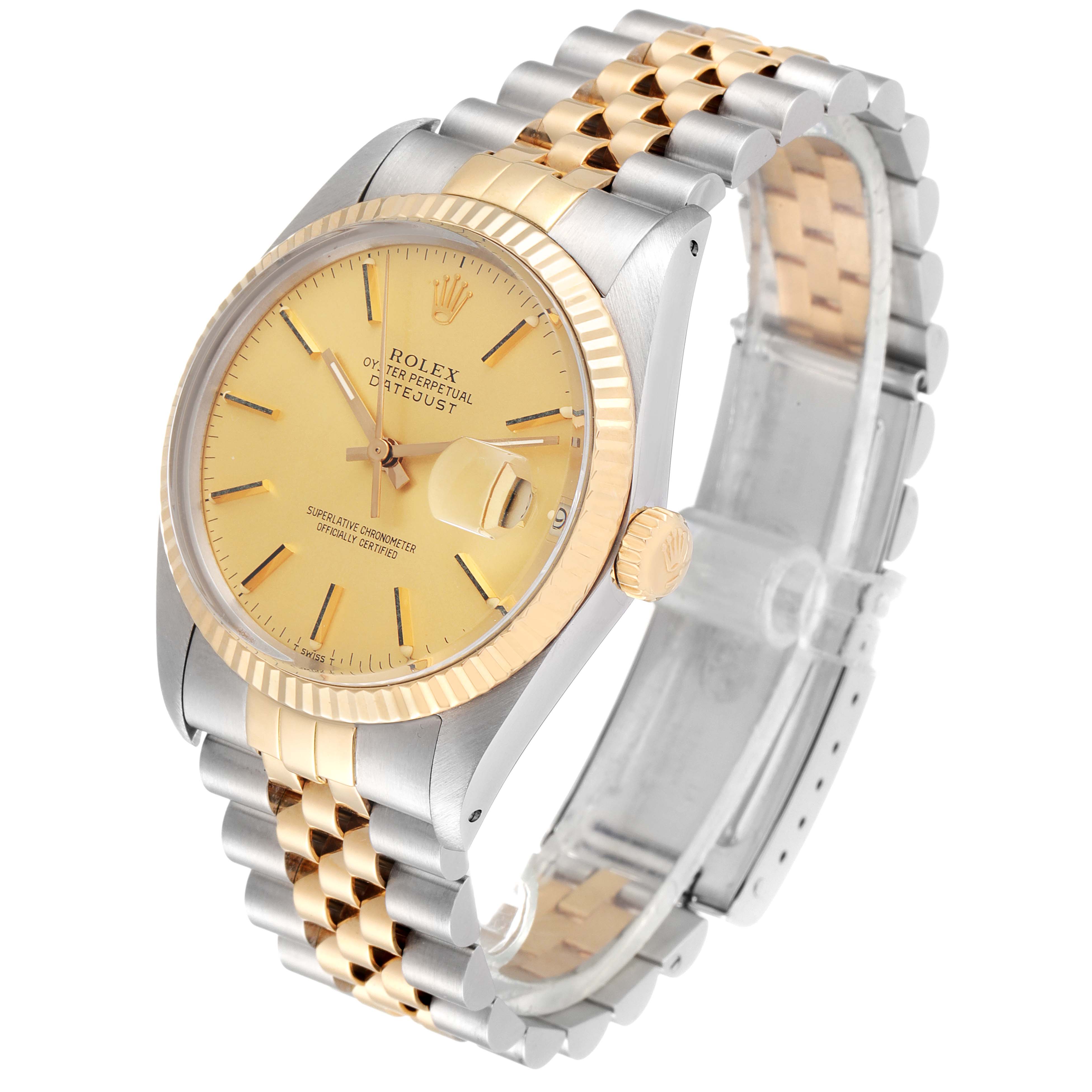 The Rolex Vintage Collection 16013 Men's Steel and Gold (two tone) Champagne Dial 16013 Men's Steel and Gold (two tone) Champagne Dial model is shown at a three-quarter angle, highlighting its face, bezel, crown, and bracelet.