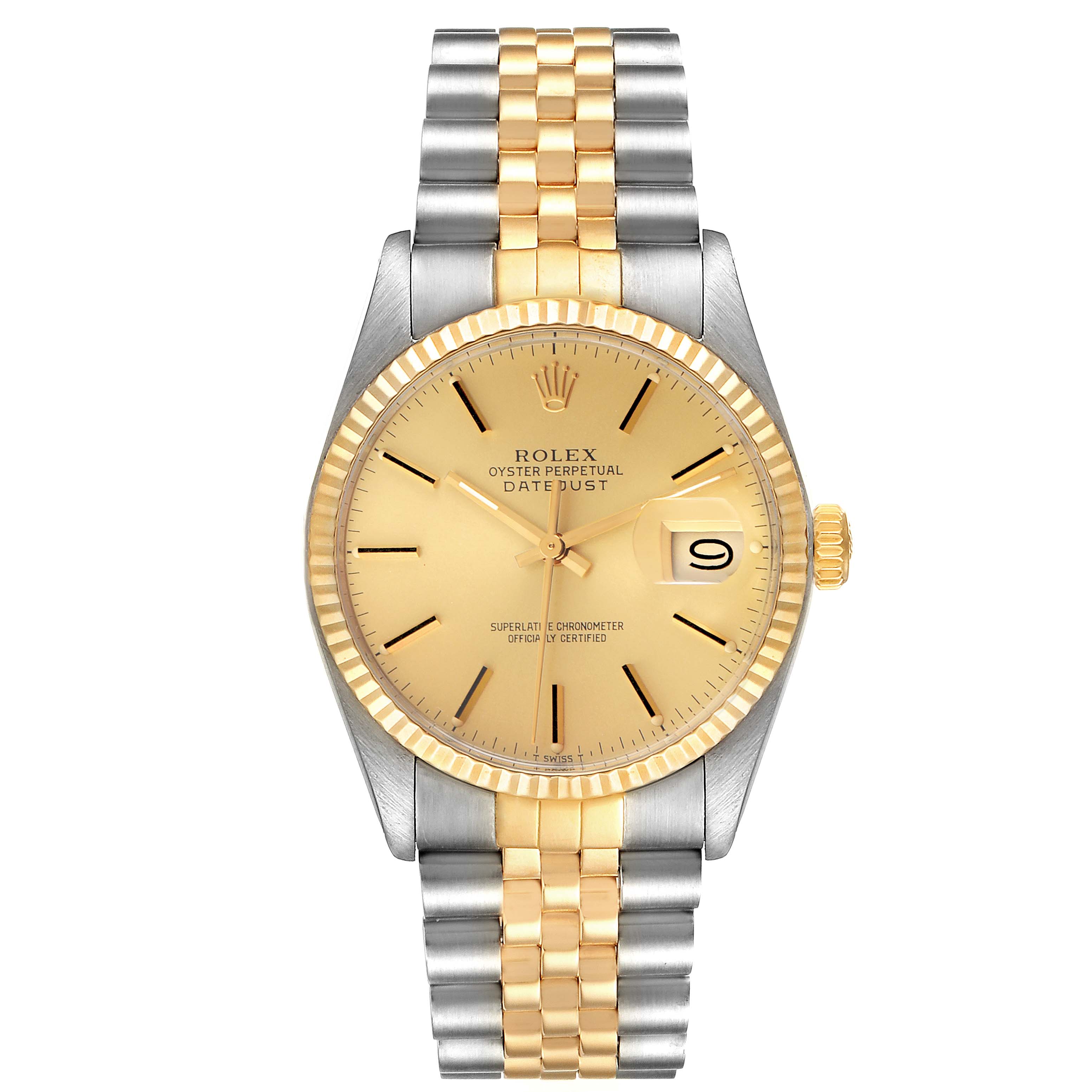 The Rolex Vintage Collection 16013 Men's Steel and Gold (two tone) Champagne Dial 16013 Men's Steel and Gold (two tone) Champagne Dial model is shown from the front, displaying the dial, bezel, and bracelet.