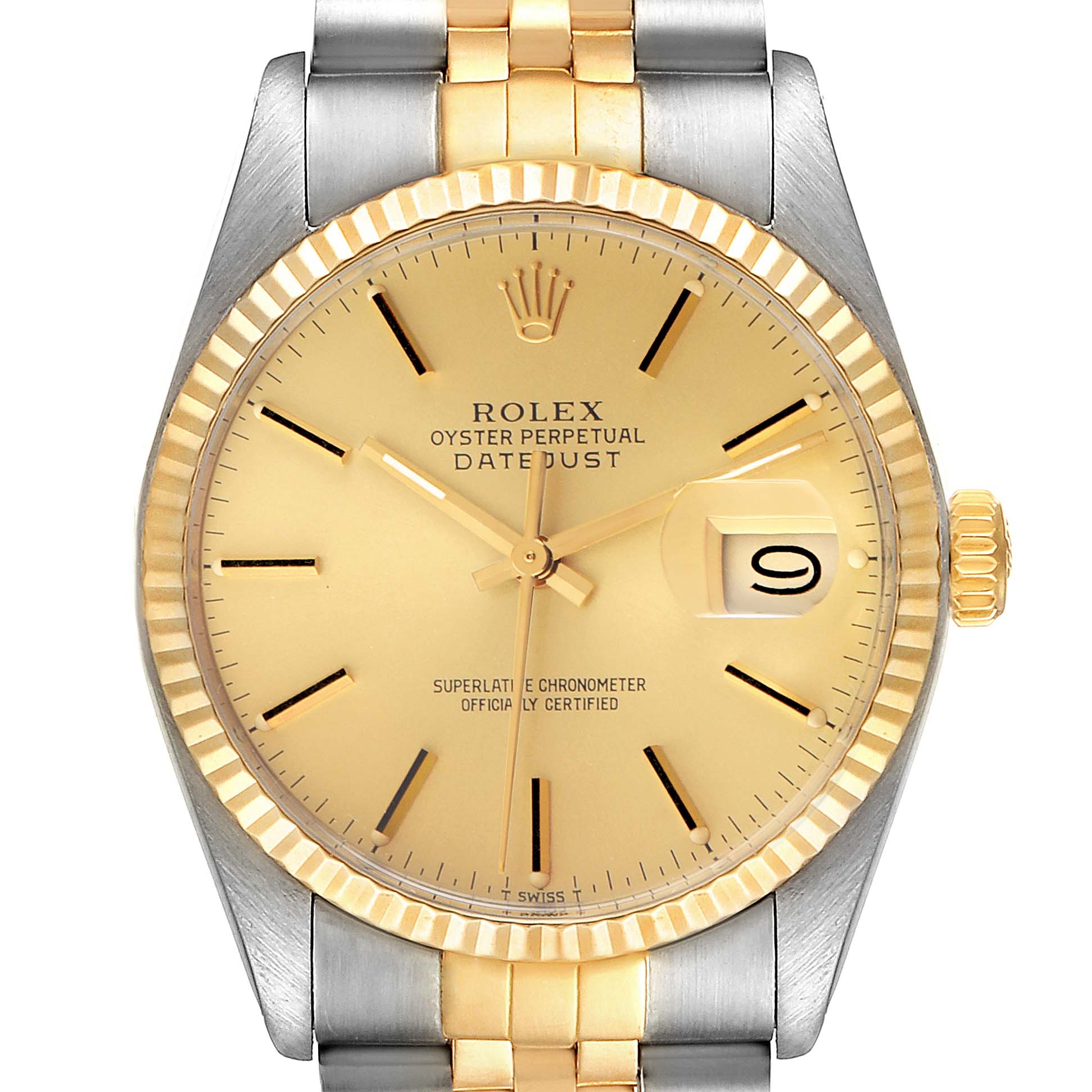 The Rolex Vintage Collection 16013 Men's Steel and Gold (two tone) Champagne Dial 16013 Men's Steel and Gold (two tone) Champagne Dial watch is shown from a front angle, displaying its face, bezel, and partial metal bracelet.