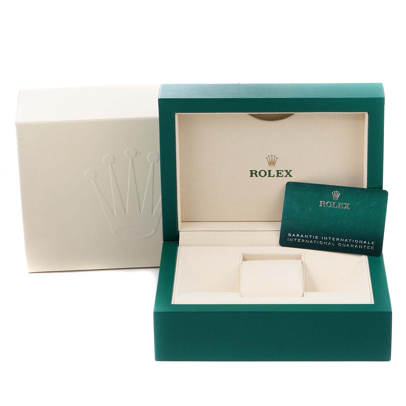 The image shows an open Rolex Datejust 41 126334 Men's Stainless Steel Grey Dial 126334 Men's Stainless Steel Grey Dial box, showcasing the inner and outer boxes and the international guarantee card.