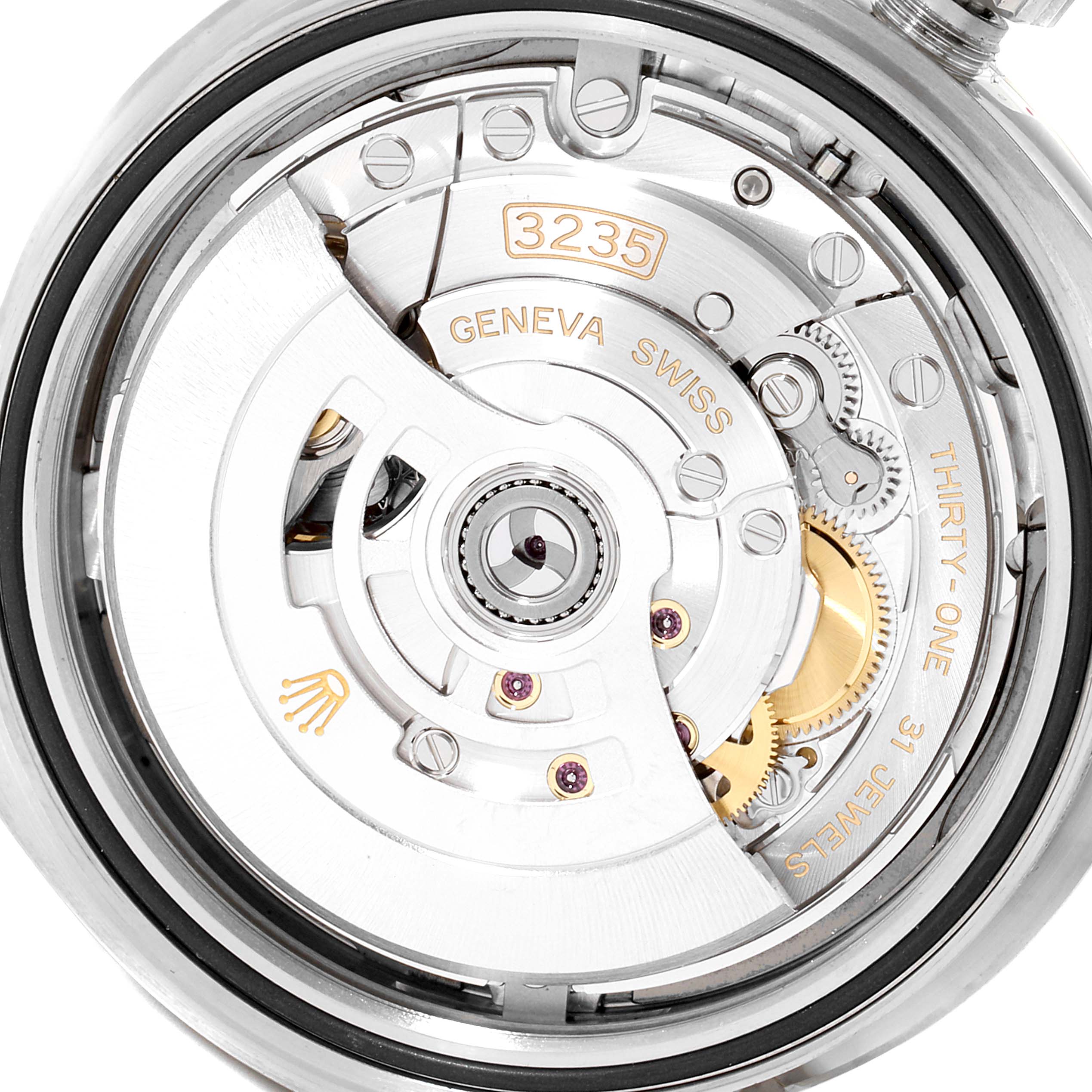 This image shows a close-up view of the Rolex Datejust 41 126334 Men's Stainless Steel Grey Dial 126334 Men's Stainless Steel Grey Dial's internal movement mechanism, highlighting the "3235" engraved component.