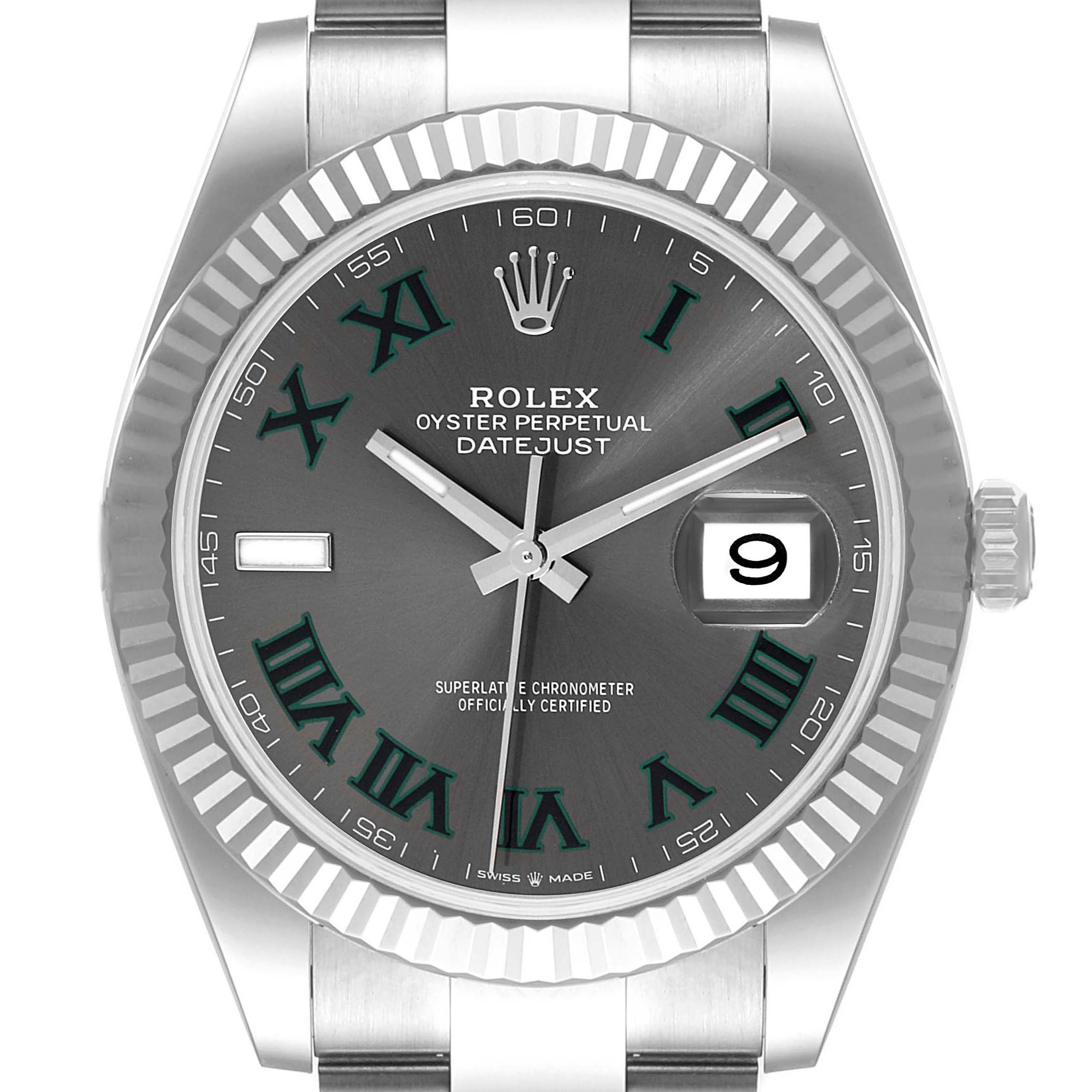 This image shows a front view of the Rolex Datejust 41 126334 Men's Stainless Steel Grey Dial 126334 Men's Stainless Steel Grey Dial watch, highlighting the dial, hands, bezel, and part of the bracelet.
