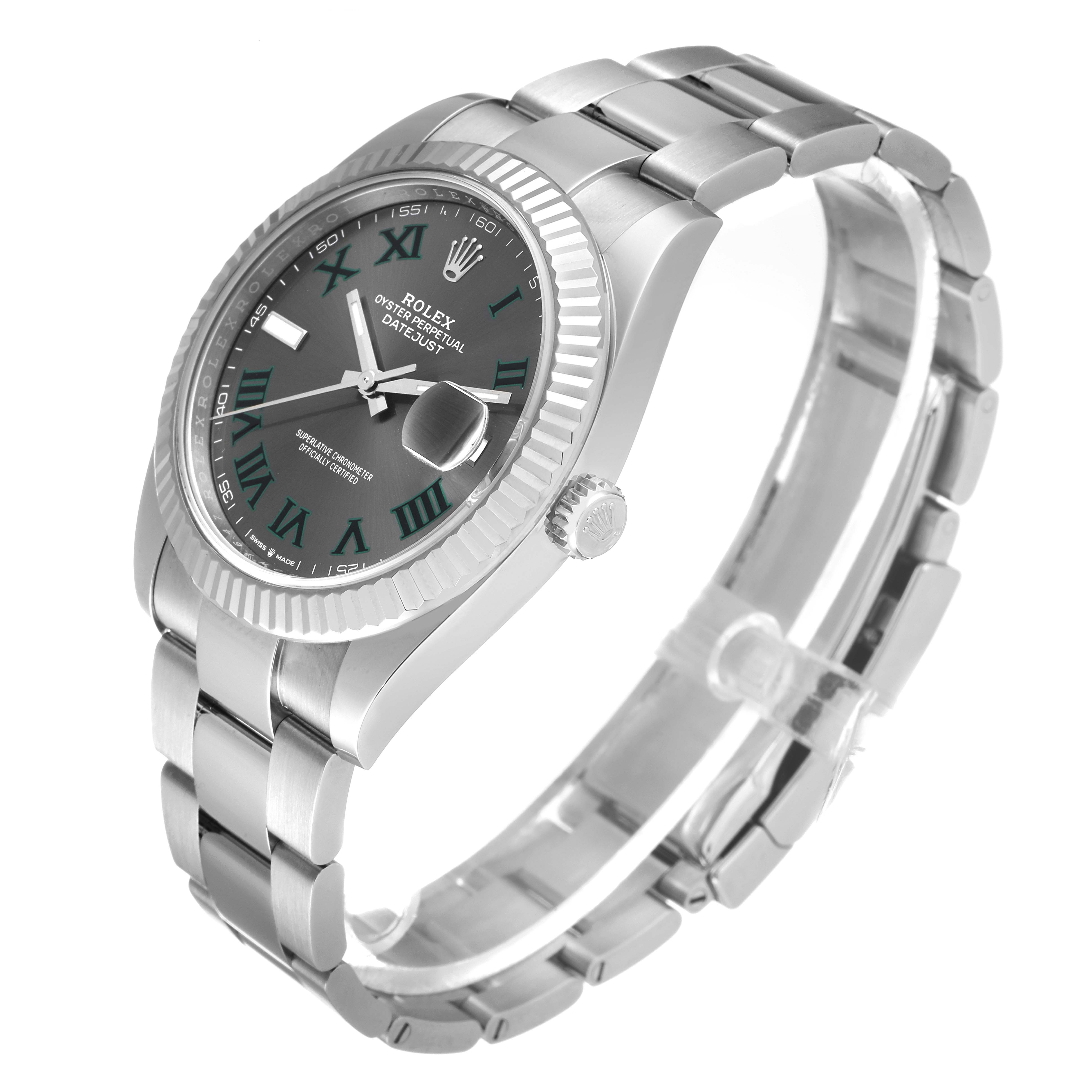 This image shows a Rolex Datejust 41 126334 Men's Stainless Steel Grey Dial 126334 Men's Stainless Steel Grey Dial watch angled from the front right, highlighting the dial, bezel, and bracelet.
