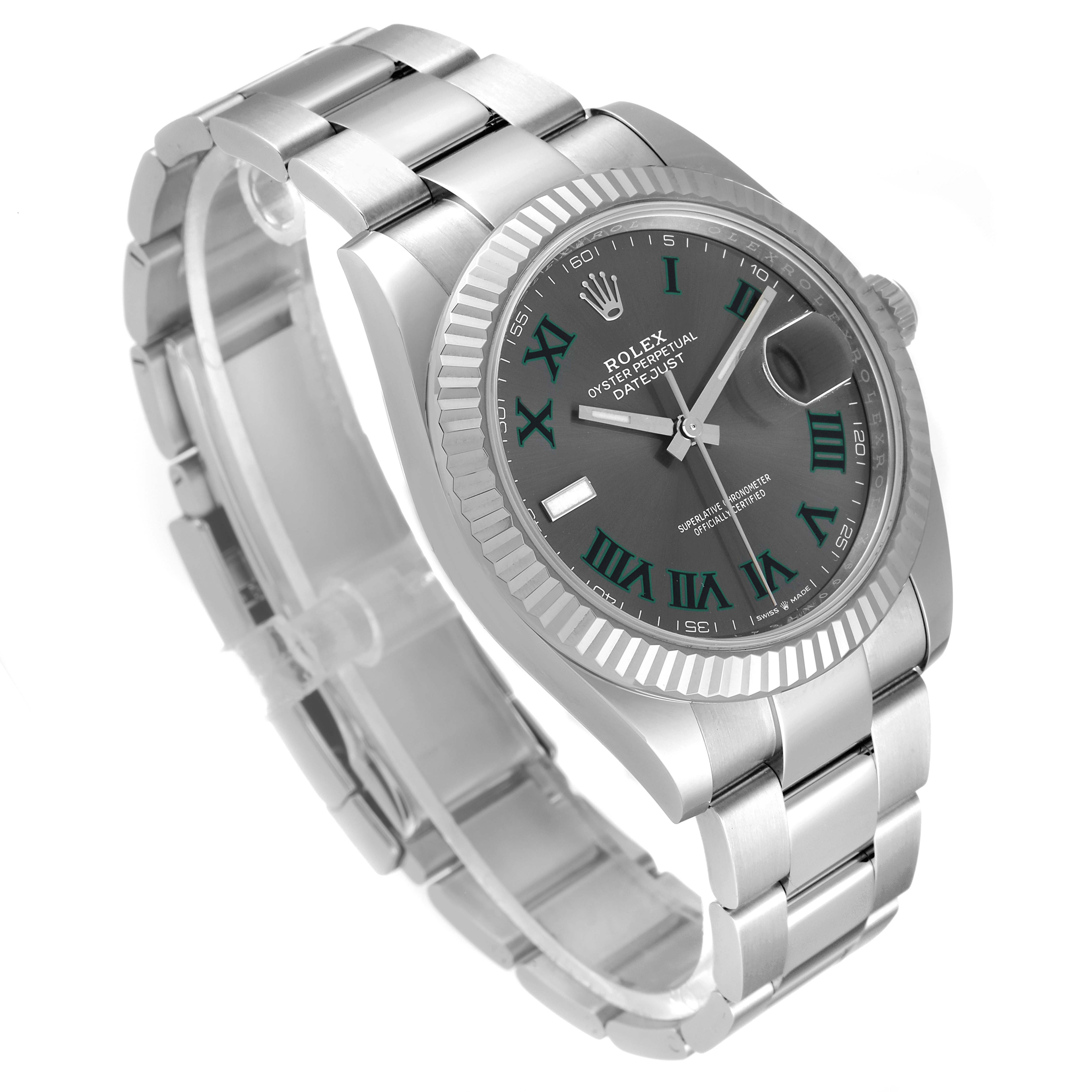 The Rolex Datejust 41 126334 Men's Stainless Steel Grey Dial 126334 Men's Stainless Steel Grey Dial watch is shown at a slight angle, highlighting its dial, bezel, and bracelet.