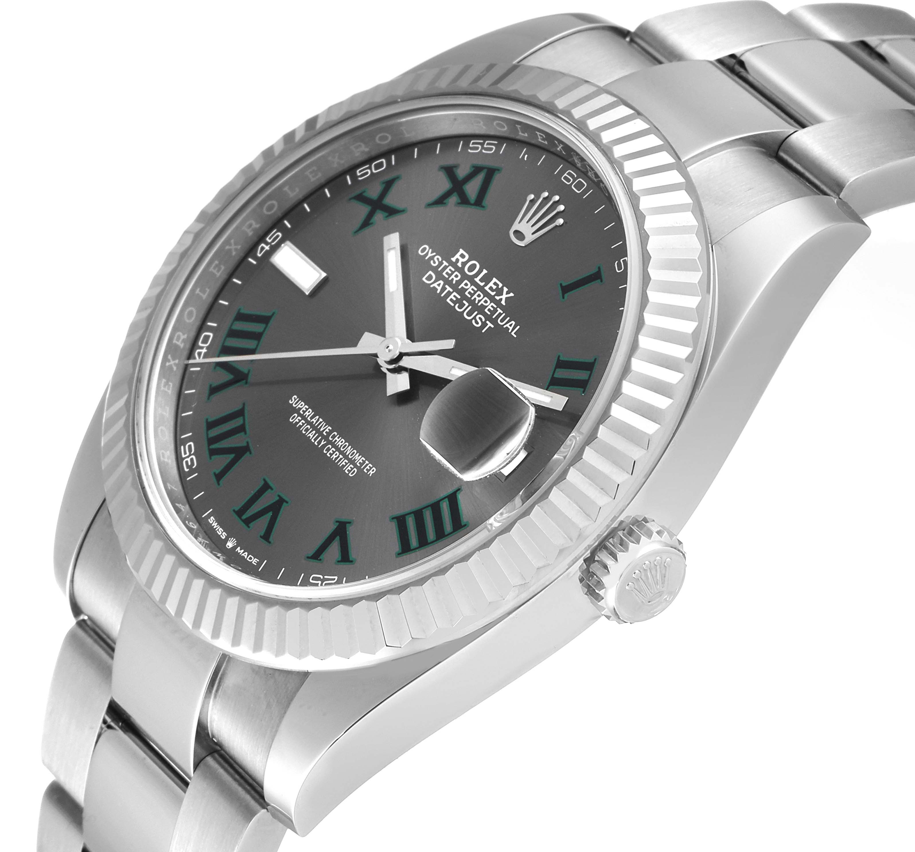This image shows a side angle of the Rolex Datejust 41 126334 Men's Stainless Steel Grey Dial 126334 Men's Stainless Steel Grey Dial model, highlighting the bezel, dial, crown, and bracelet.