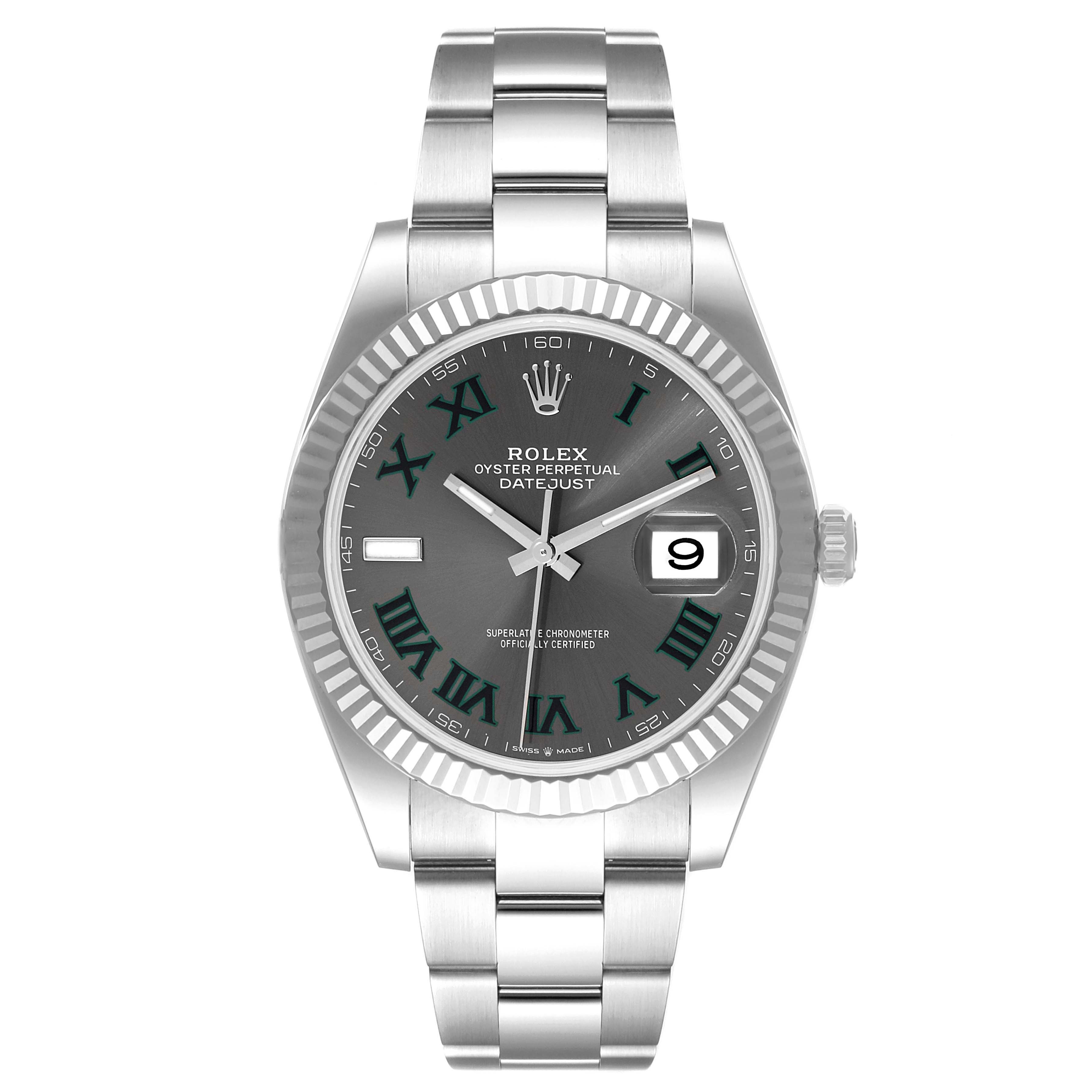 The image shows a front view of the Rolex Datejust 41 126334 Men's Stainless Steel Grey Dial 126334 Men's Stainless Steel Grey Dial watch, highlighting the dial, hands, bezel, and bracelet.