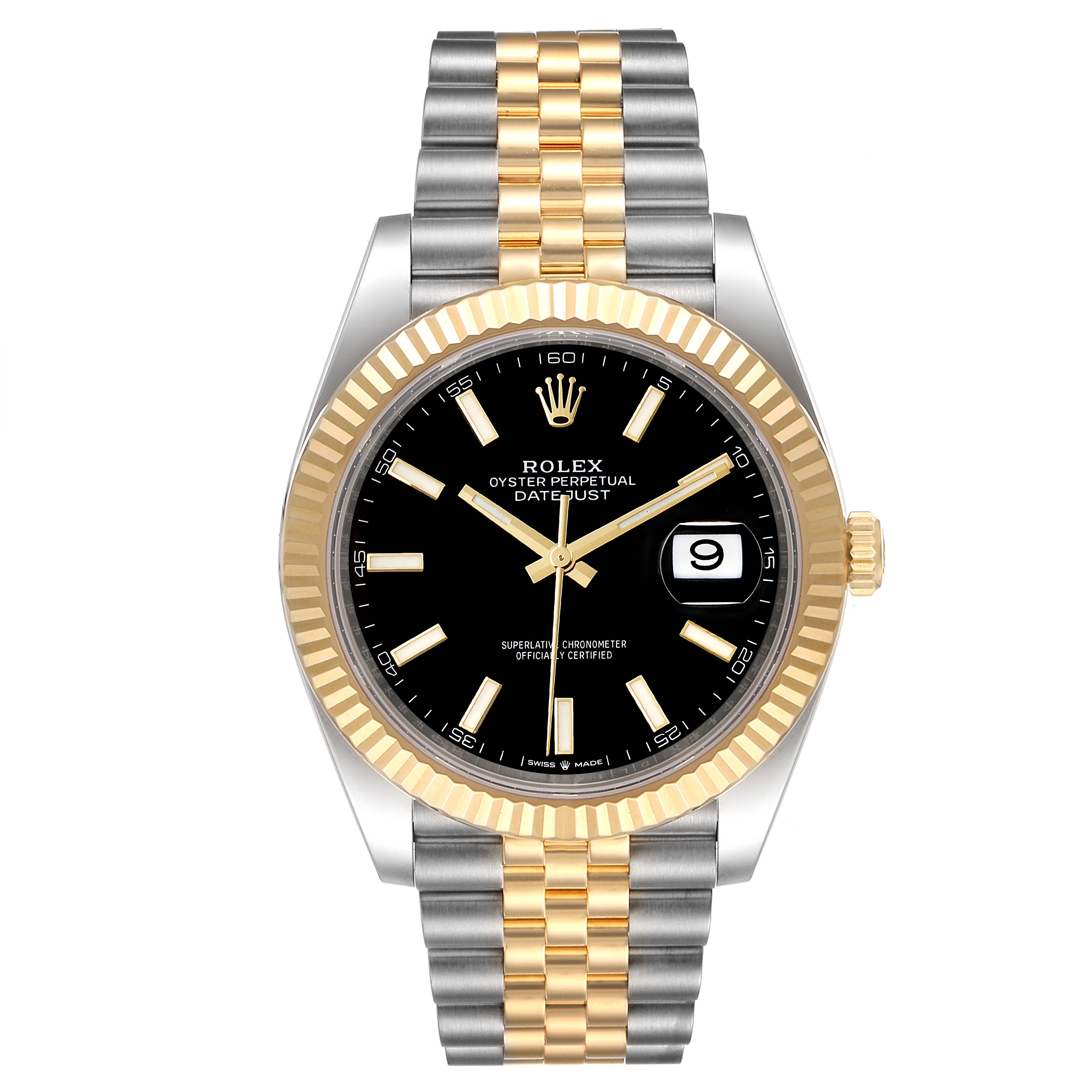 The image shows a frontal view of the Rolex Datejust 41 126333 Men's Steel and Gold (two tone) Black Dial 126333 Men's Steel and Gold (two tone) Black Dial, highlighting its black dial, date window, and two-tone Jubilee bracelet.