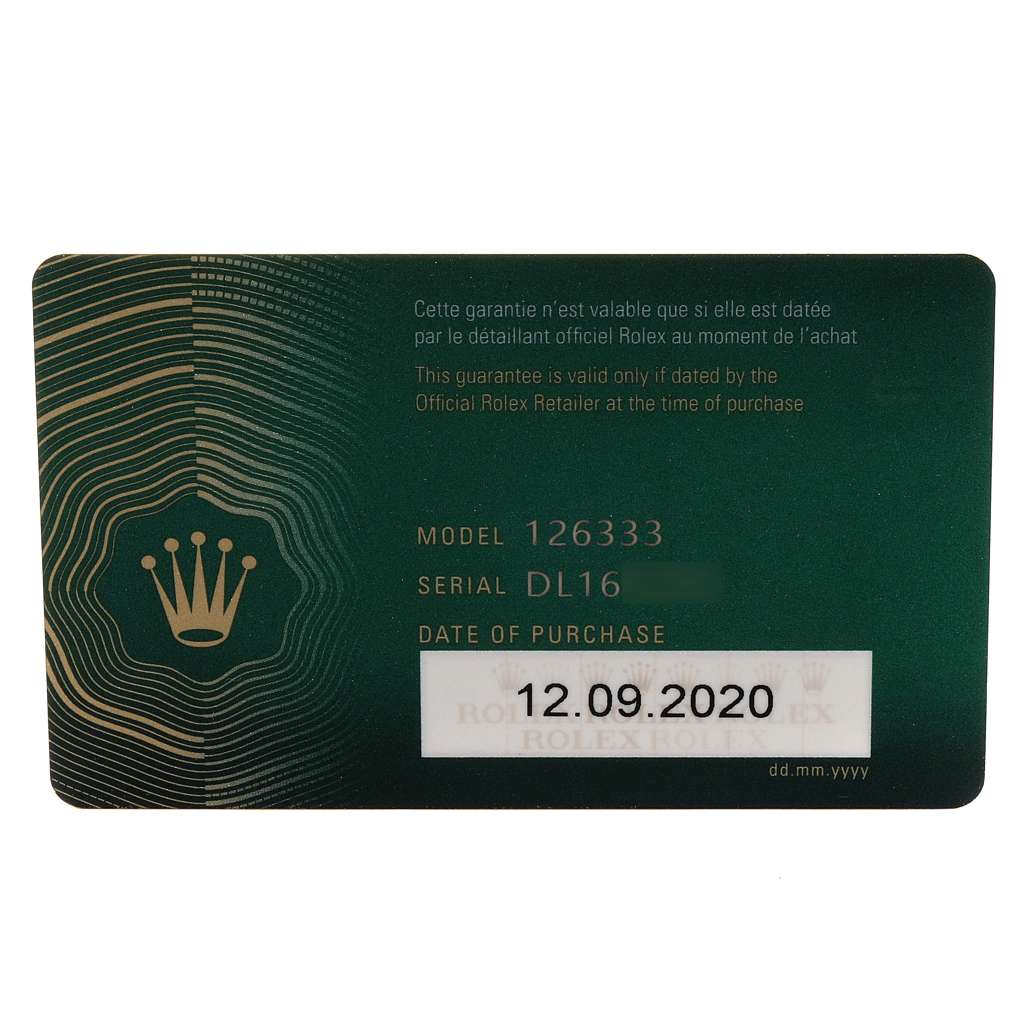 The image shows the warranty card for the Rolex Datejust 41 126333 Men's Steel and Gold (two tone) Black Dial 126333 Men's Steel and Gold (two tone) Black Dial model, detailing the model number, serial number, and date of purchase.