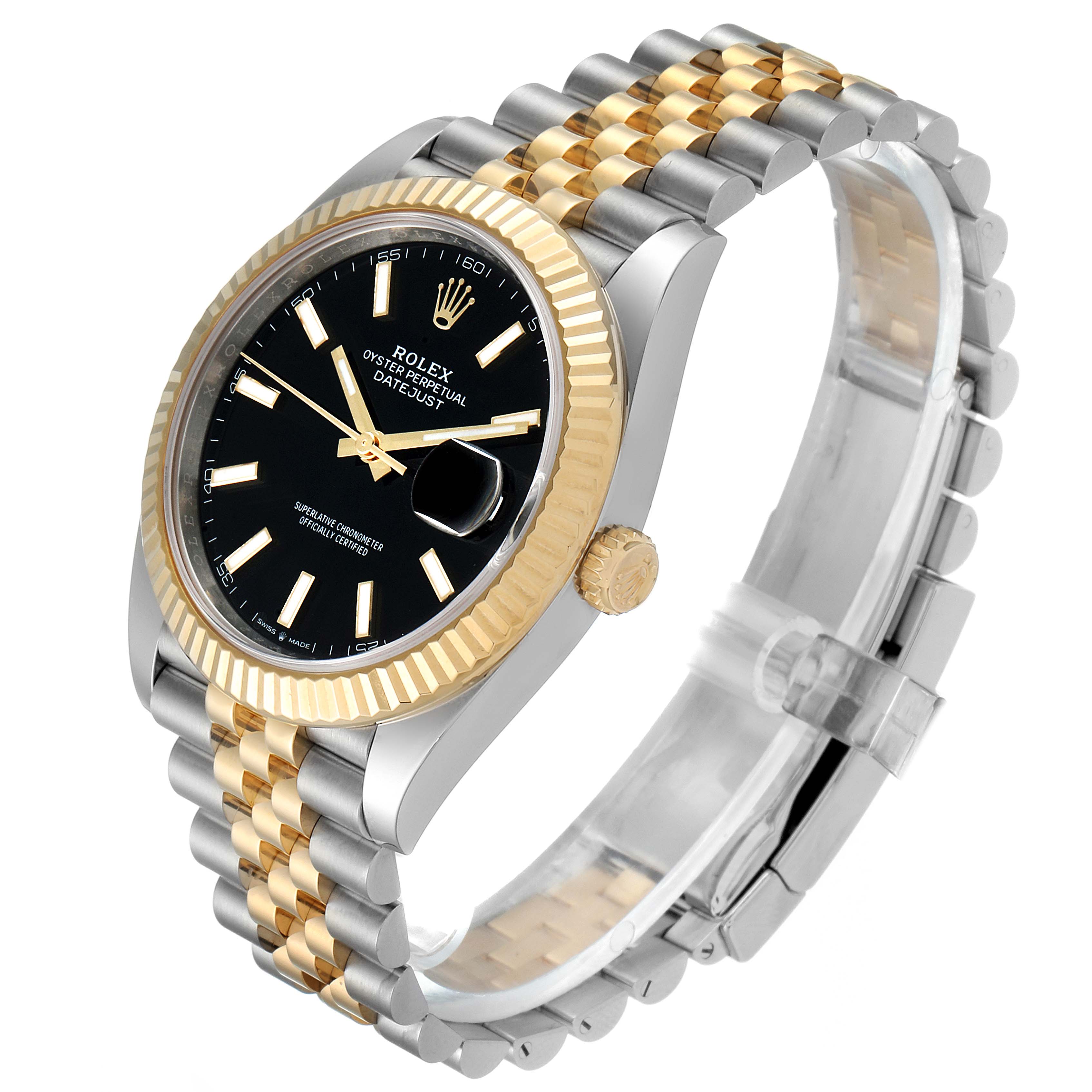 The Rolex Datejust 41 126333 Men's Steel and Gold (two tone) Black Dial 126333 Men's Steel and Gold (two tone) Black Dial watch is shown at a three-quarter angle, highlighting the black dial, fluted bezel, and two-tone Jubilee bracelet.