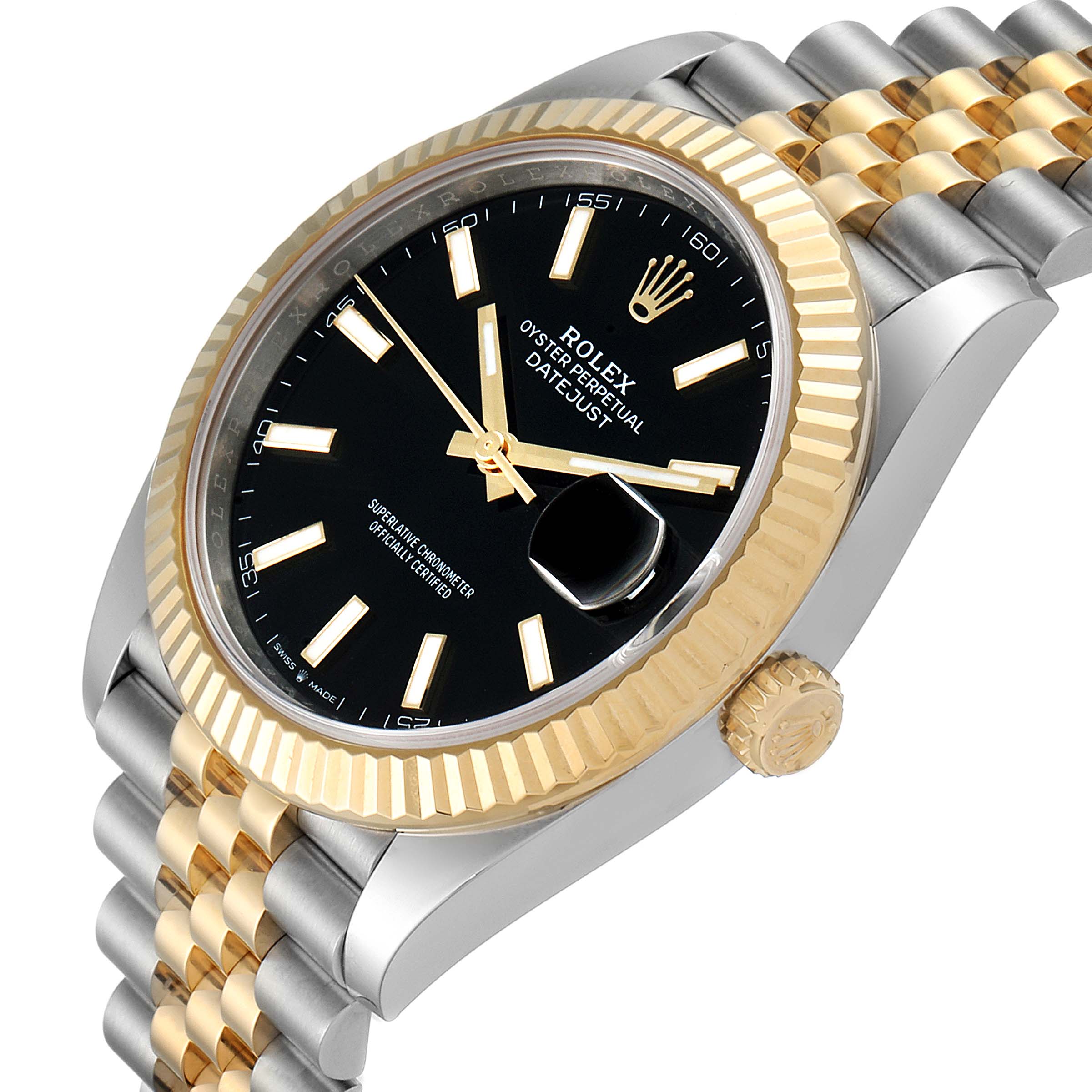 The image shows a Rolex Datejust 41 126333 Men's Steel and Gold (two tone) Black Dial 126333 Men's Steel and Gold (two tone) Black Dial watch at an angle, highlighting its black dial, gold fluted bezel, and two-tone bracelet.