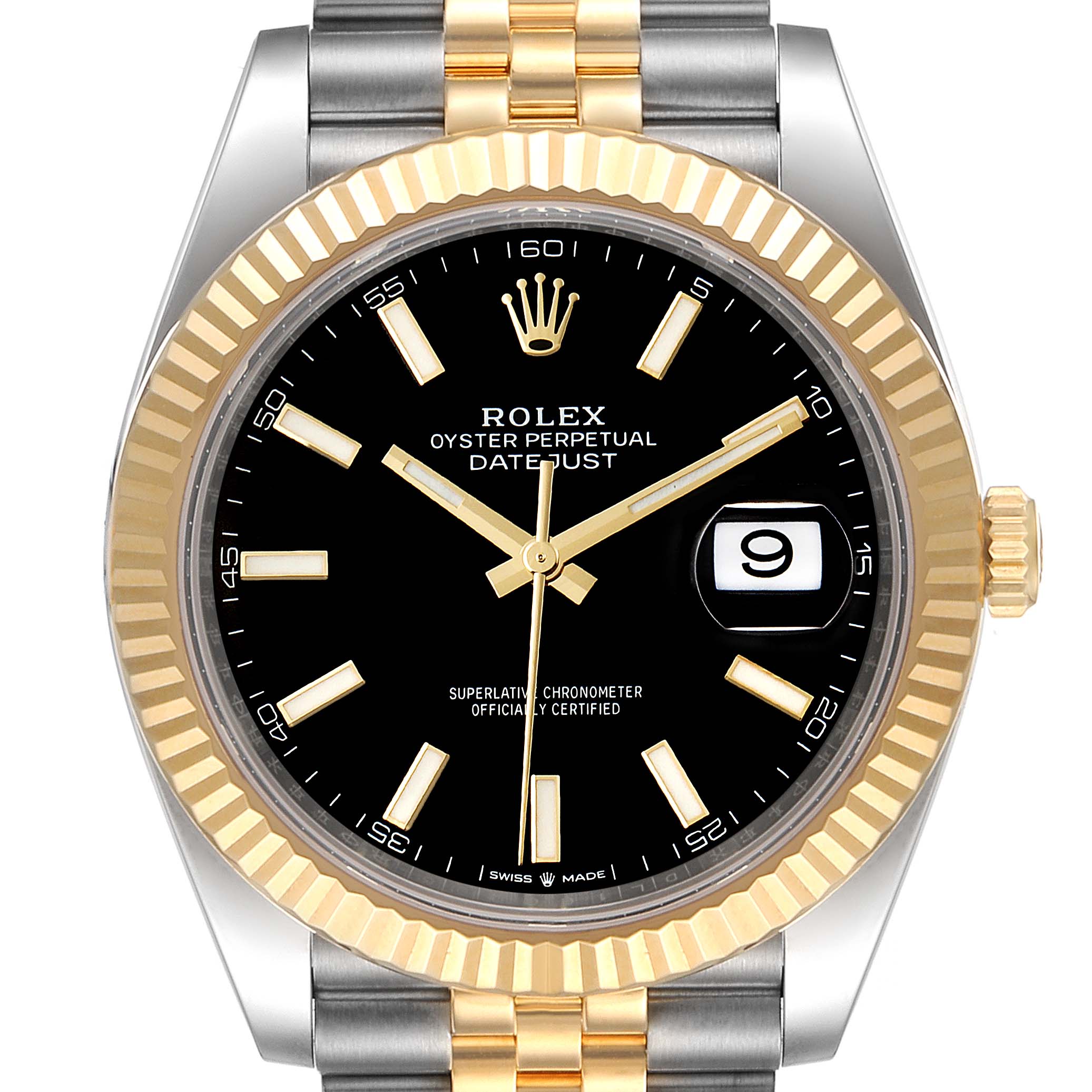 This image shows a front view of the Rolex Datejust 41 126333 Men's Steel and Gold (two tone) Black Dial 126333 Men's Steel and Gold (two tone) Black Dial featuring its bezel, dial, hands, bracelet, and date window.