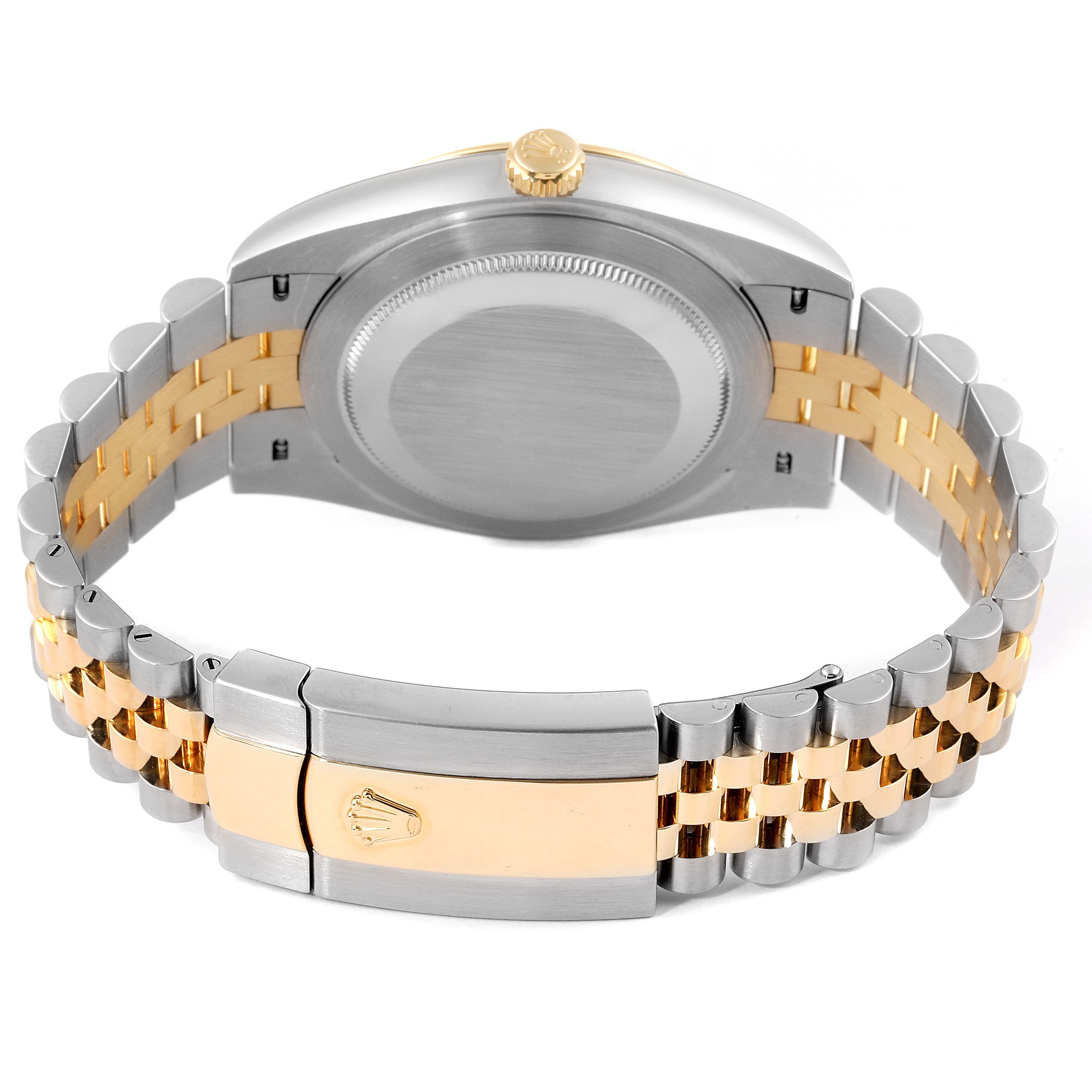 The image shows the back view of a Rolex Datejust 41 126333 Men's Steel and Gold (two tone) Black Dial 126333 Men's Steel and Gold (two tone) Black Dial, focusing on the case back and two-tone Jubilee bracelet with the clasp.