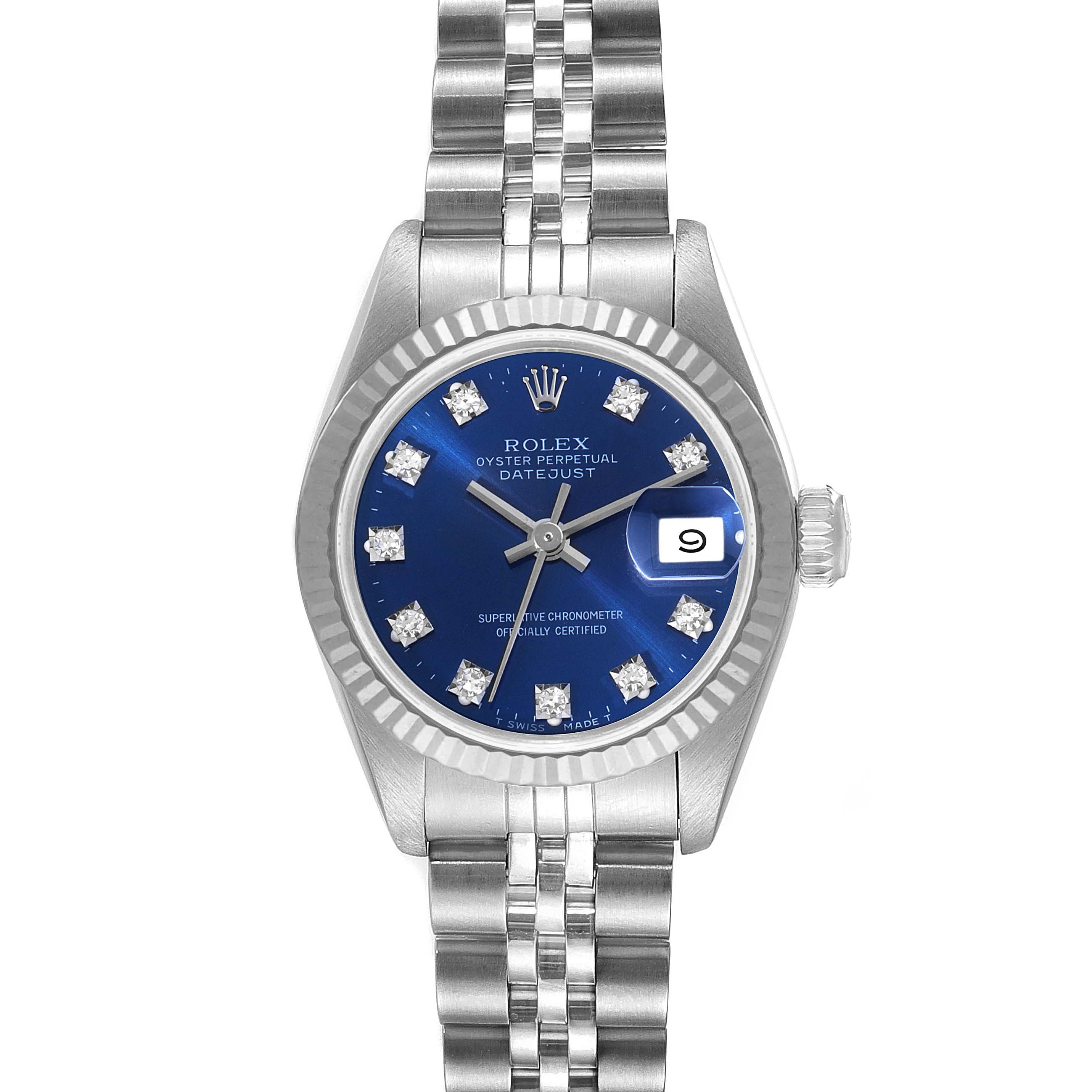 This image shows a Rolex Datejust 69174 Women
s Stainless Steel Blue Dial 69174 Women
s Stainless Steel Blue Dial watch from a front angle, highlighting the blue dial, date window, and stainless steel bracelet.