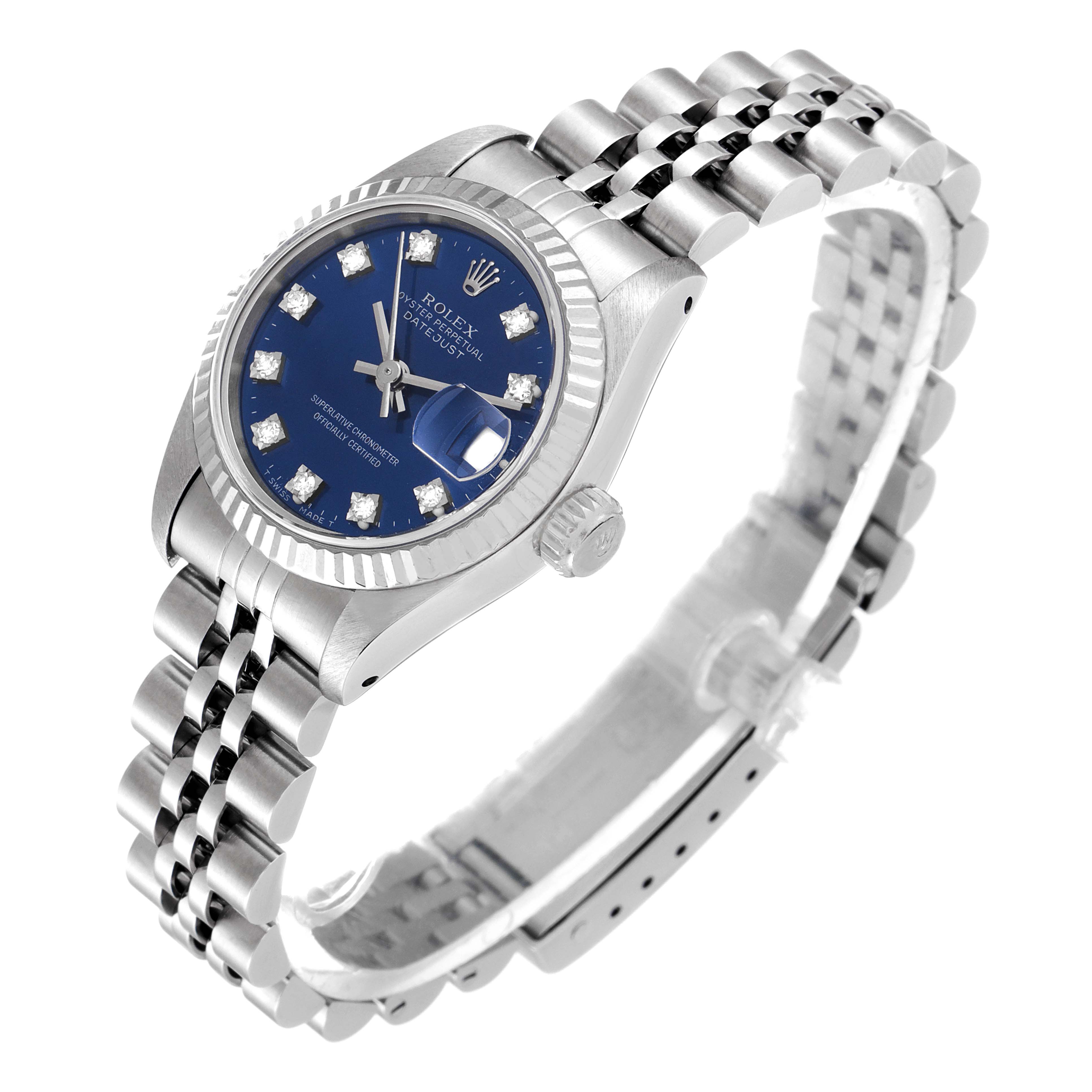 The Rolex Datejust 69174 Women
s Stainless Steel Blue Dial 69174 Women
s Stainless Steel Blue Dial watch is shown at a three-quarter angle, highlighting its blue dial, bezel, crown, and stainless steel bracelet.