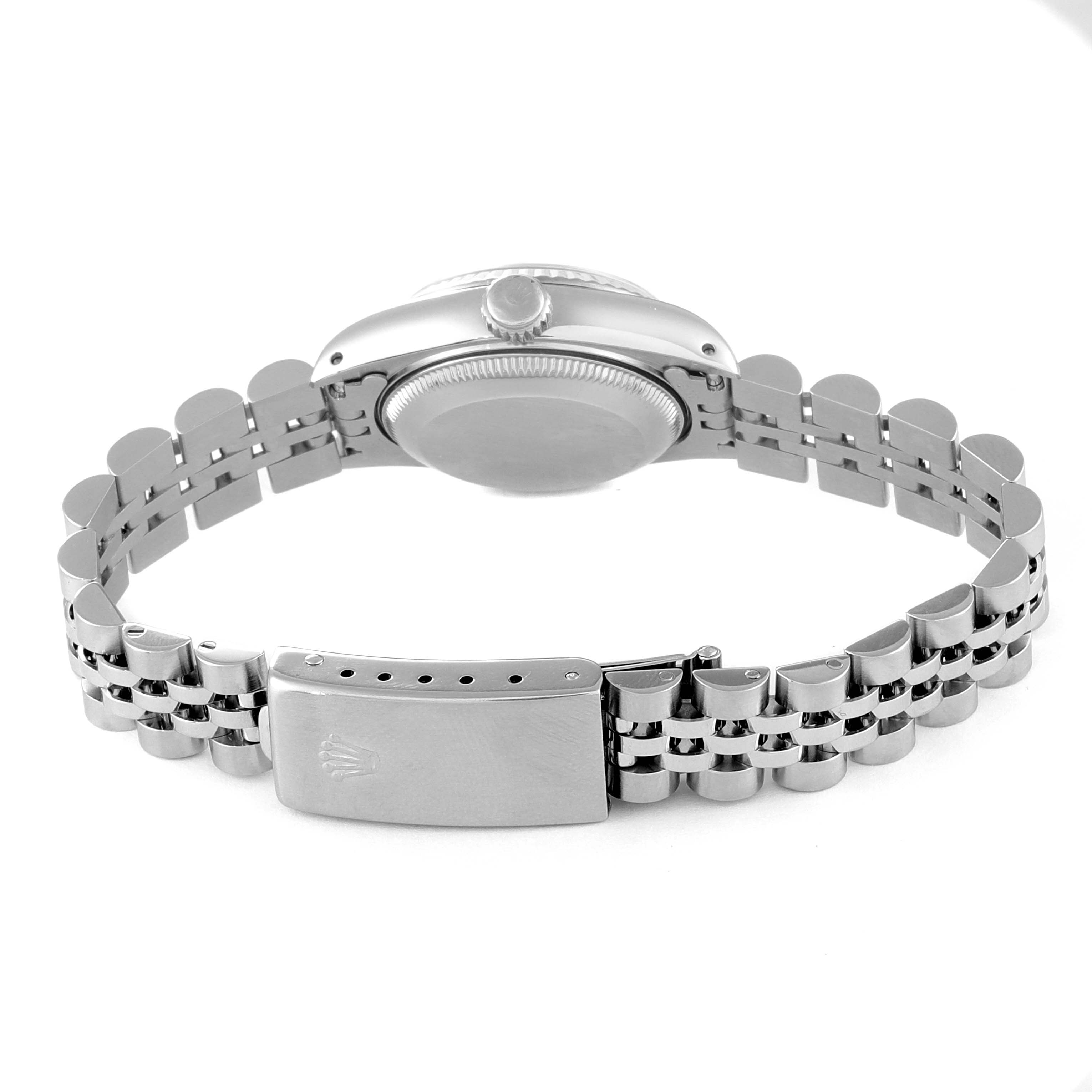 This image shows the back view of the Rolex Datejust 69174 Women
s Stainless Steel Blue Dial 69174 Women
s Stainless Steel Blue Dial watch, highlighting the case back, crown, and bracelet clasp.