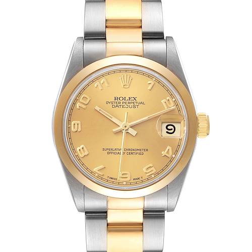 The Rolex Mid-Size Datejust watch is shown from a top-down angle, highlighting the face, bezel, and bracelet.