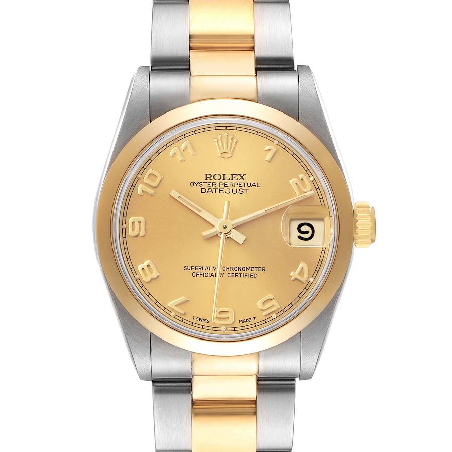 The Rolex Datejust Mid-Size watch is shown from a front angle, highlighting its dial, bezel, and part of the bracelet.