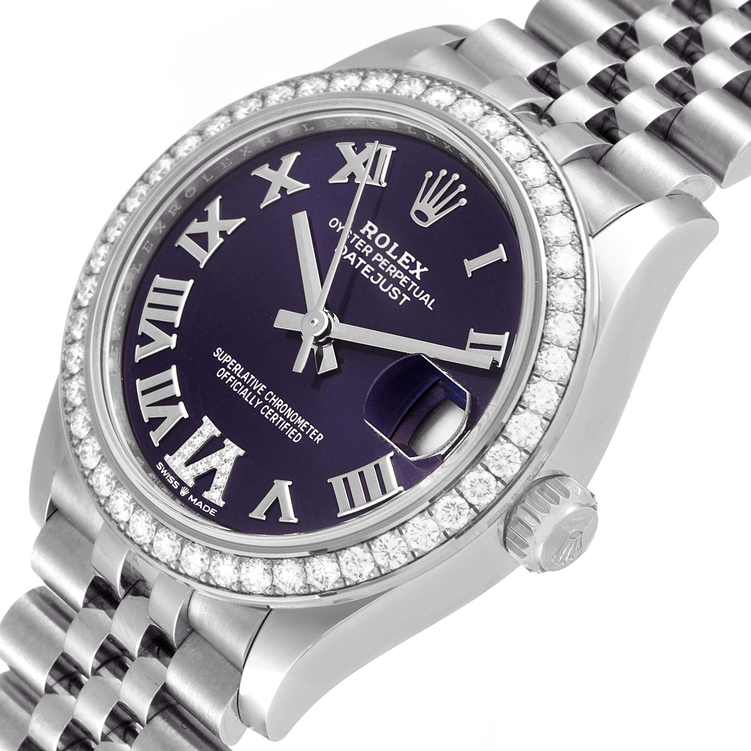 The image shows a close-up view of the Rolex Mid-Size 278384 Women's Stainless Steel Purple Dial 278384 Women's Stainless Steel Purple Dial Datejust, highlighting its dial, bezel, and part of the bracelet.